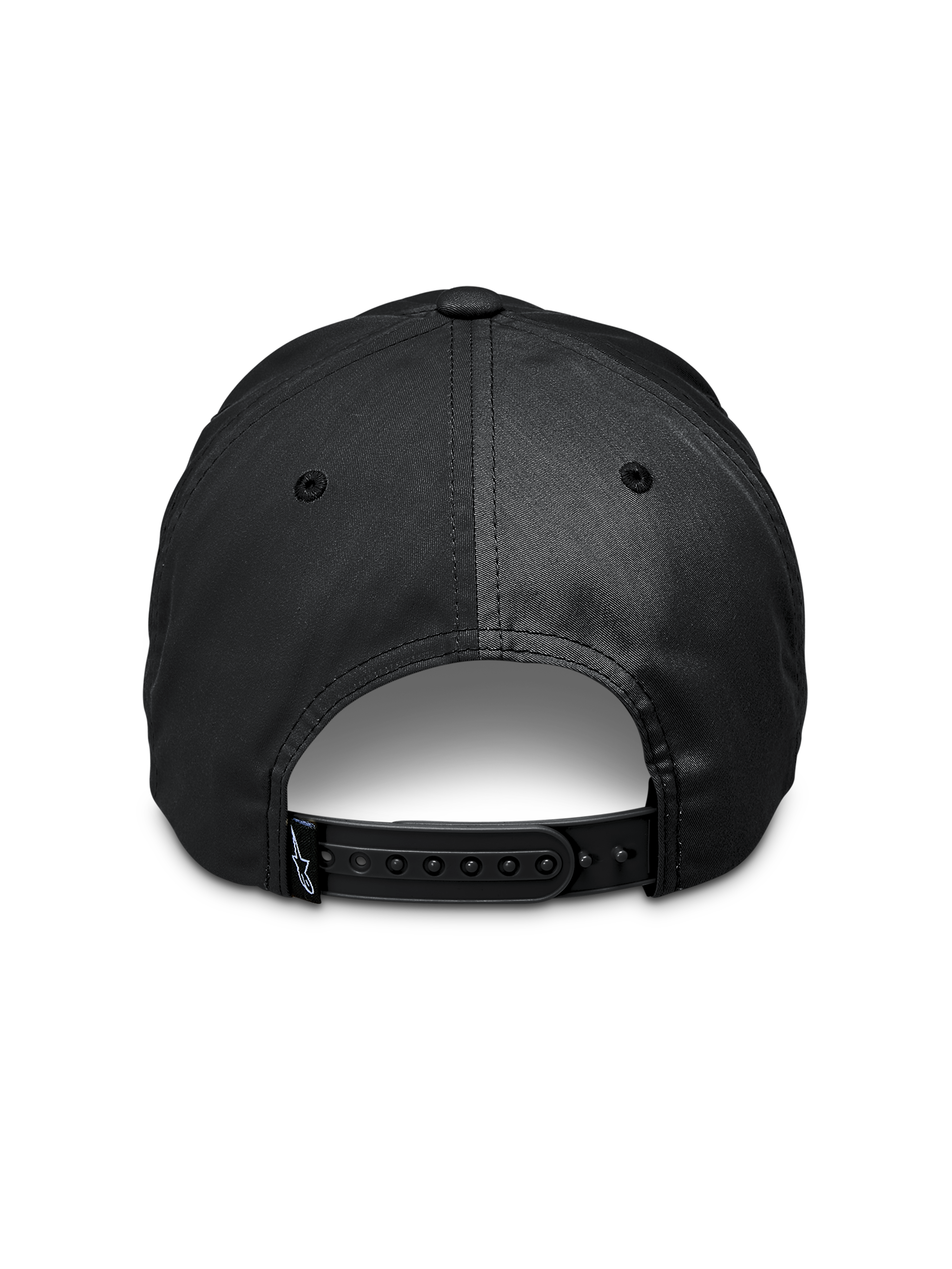 Alpinestars Tyler Hat, sort, set bagfra med justerbar snapback-lukning, lille logo-mærke på remmen, genanvendt polyestertwill, afslappet sportswear-tilbehør