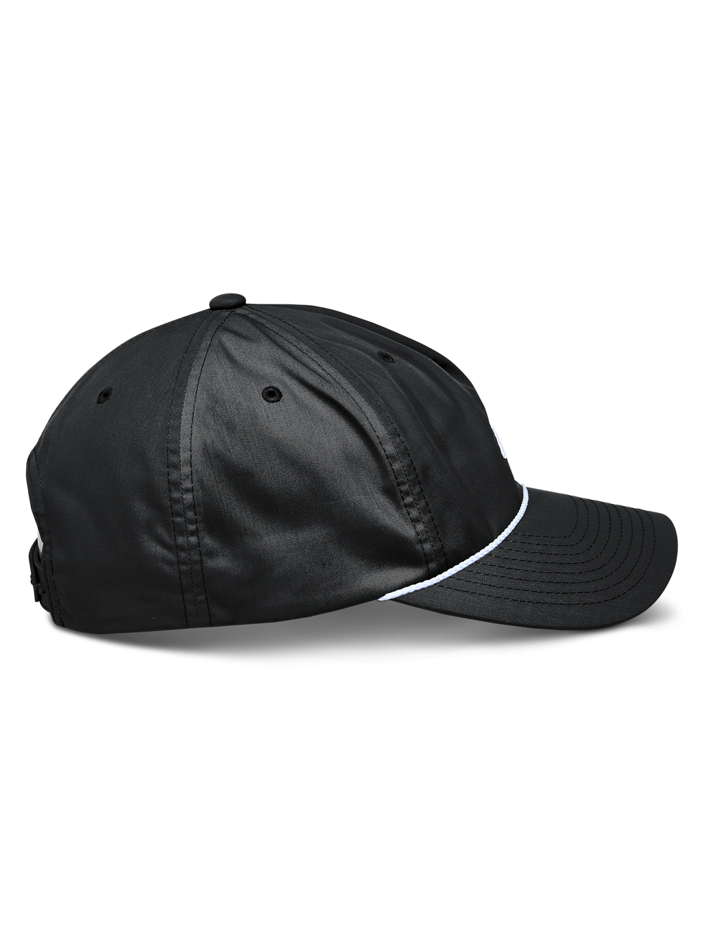 Alpinestars Tyler kasket, sort snapback-kasket set fra siden, buet skygge, hvid flettet rebkant, ustruktureret lav krone, genanvendt polyestertwill, afslappet sportstøj