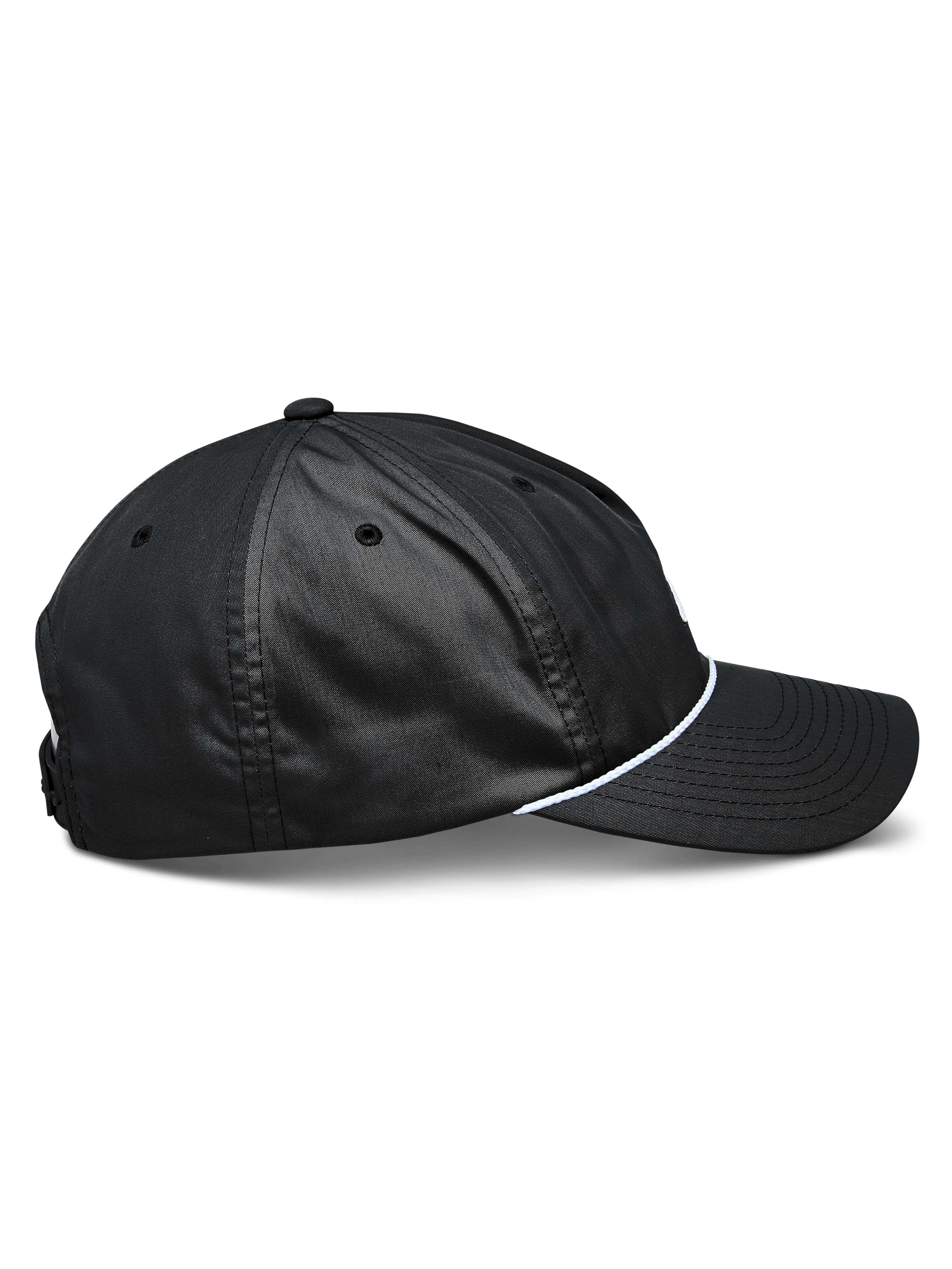Alpinestars Tyler kasket, sort snapback-kasket set fra siden, buet skygge, hvid flettet rebkant, ustruktureret lav krone, genanvendt polyestertwill, afslappet sportstøj