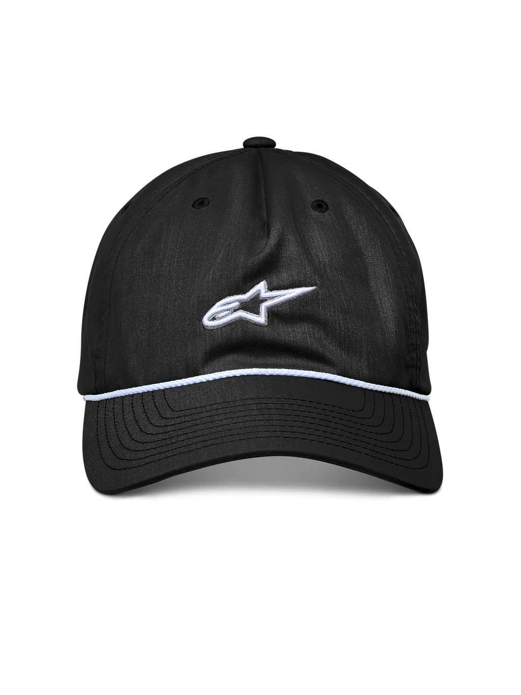 Alpinestars Tyler kasket, sort snapback-kasket, buet skygge med hvid flettet rebkant, hvidt broderet Astars-logo, afslappet sportstøj