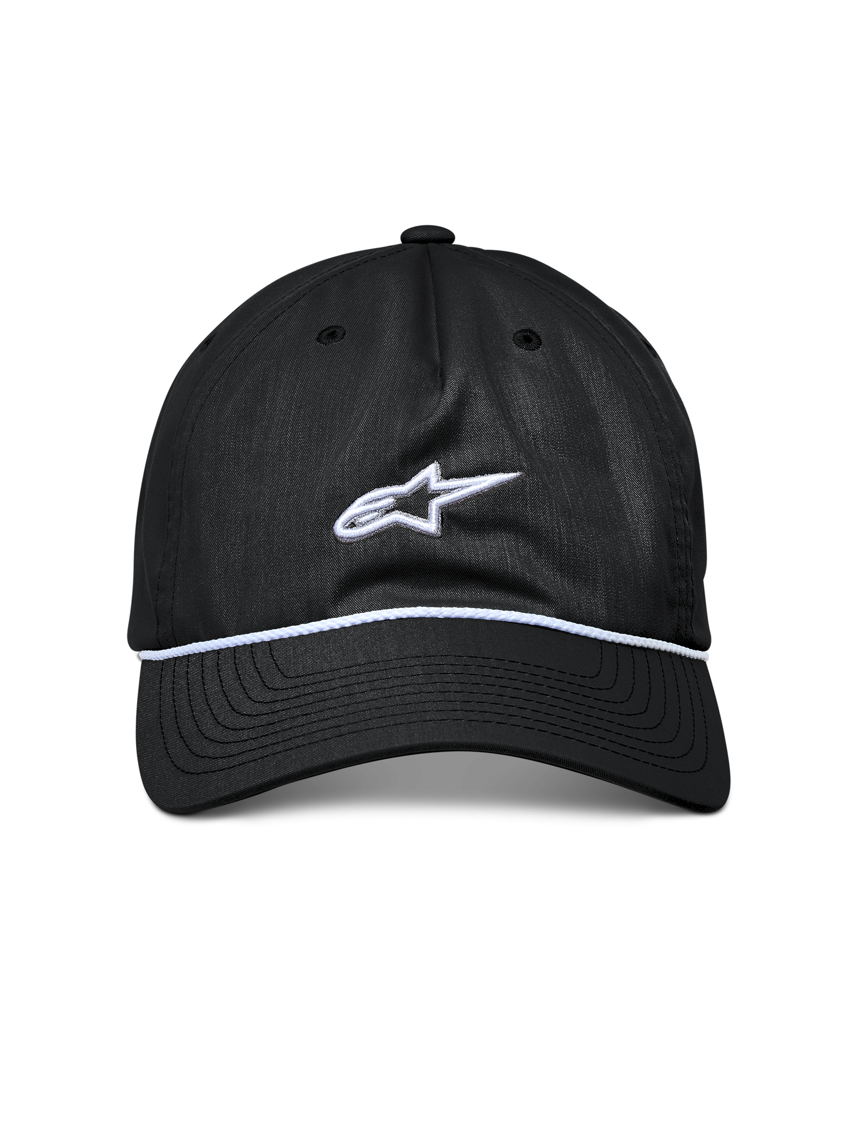 Alpinestars Tyler kasket, sort snapback-kasket, buet skygge med hvid flettet rebkant, hvidt broderet Astars-logo, afslappet sportstøj