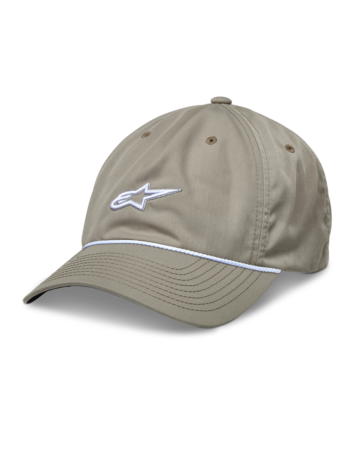 Alpinestars Tyler Hat, khaki baseballcap, med hvidt 3D-broderet logo og hvid flettet rebskant, ustruktureret lav krone med buet skygge, seks-panel genanvendt twill-konstruktion med ventilationshuller