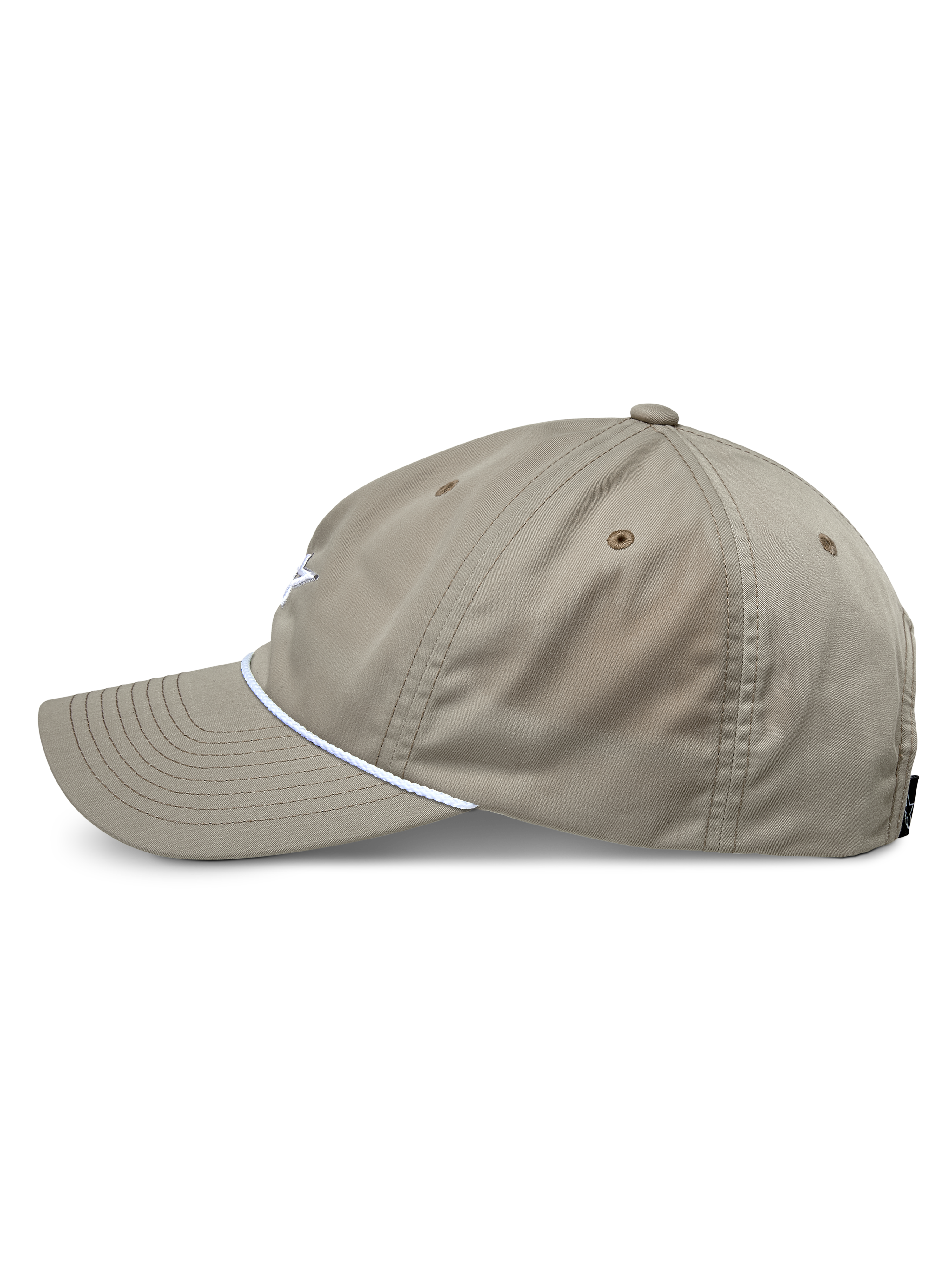Alpinestars Tyler Hat, Khaki, Side profile showing curved bill and white braided rope trim, unstructured low crown cap, casual sportswear.