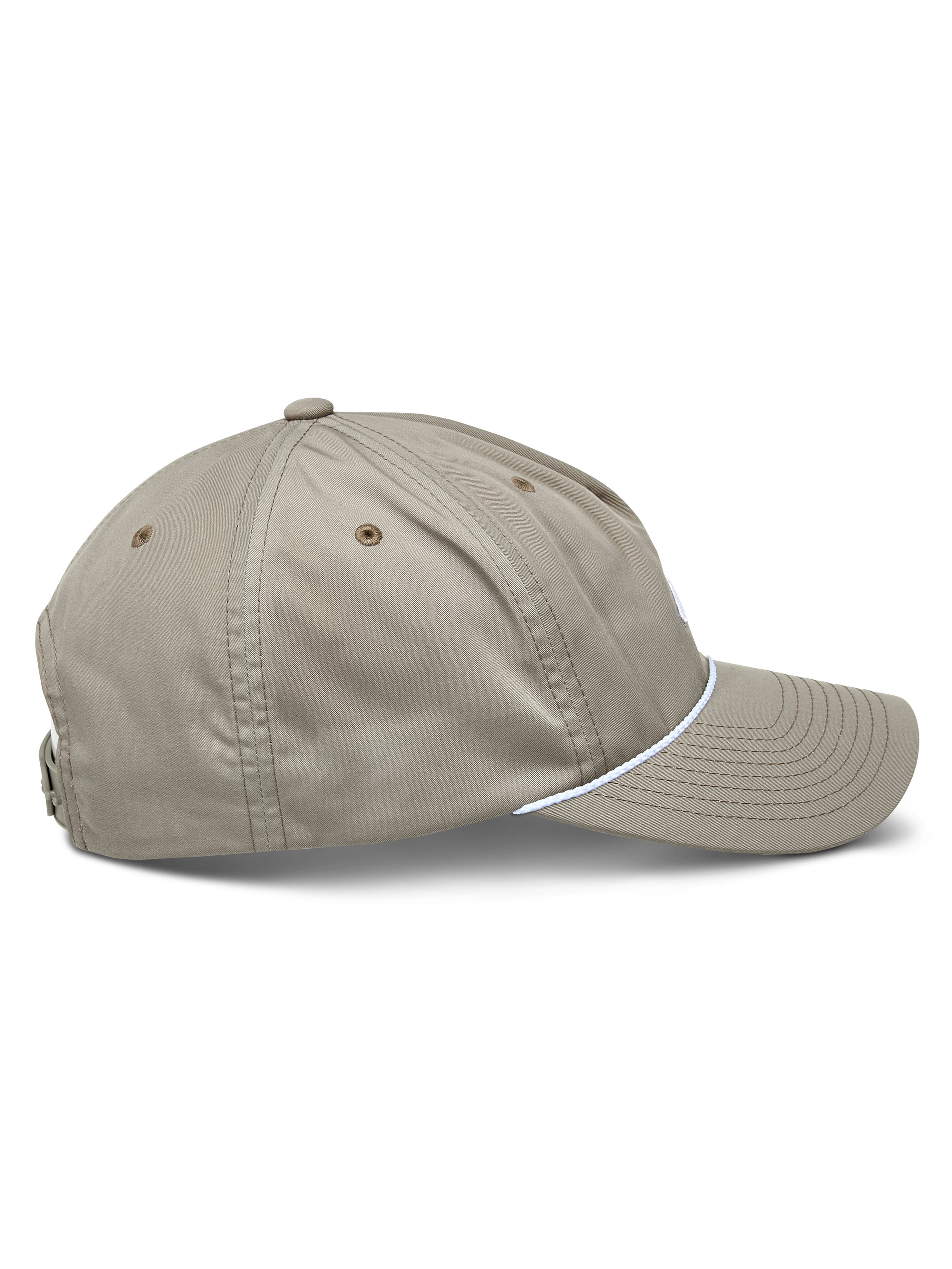 Alpinestars Tyler Hat, Khaki casual snapback cap, side profile showing curved bill with white braided rope trim, unstructured low crown made of recycled twill, motorsport-inspired lifestyle headwear