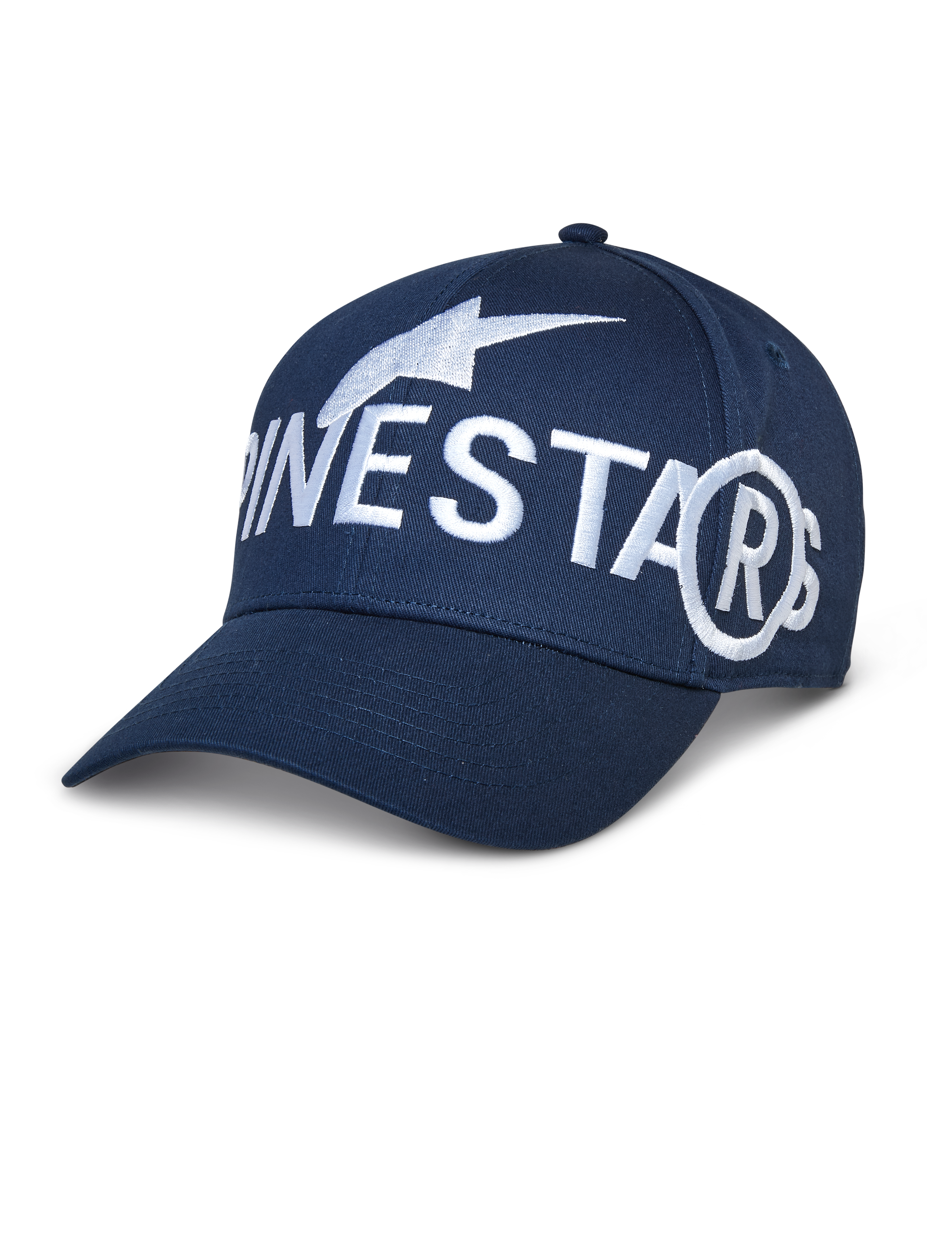 Alpinestars Committed kasket, baseballcap, marineblå, stort hvidt broderet branding, buet skygge, struktureret krone, afslappet sportstøj