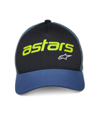 Alpinestars Vital Trucker Hat, afslappet trucker-kasket, sort og blå med grønt mesh-net bagpå, med limegrøn 'astars'-tekst og hvidt A-star-logo, buet skygge og struktureret krone