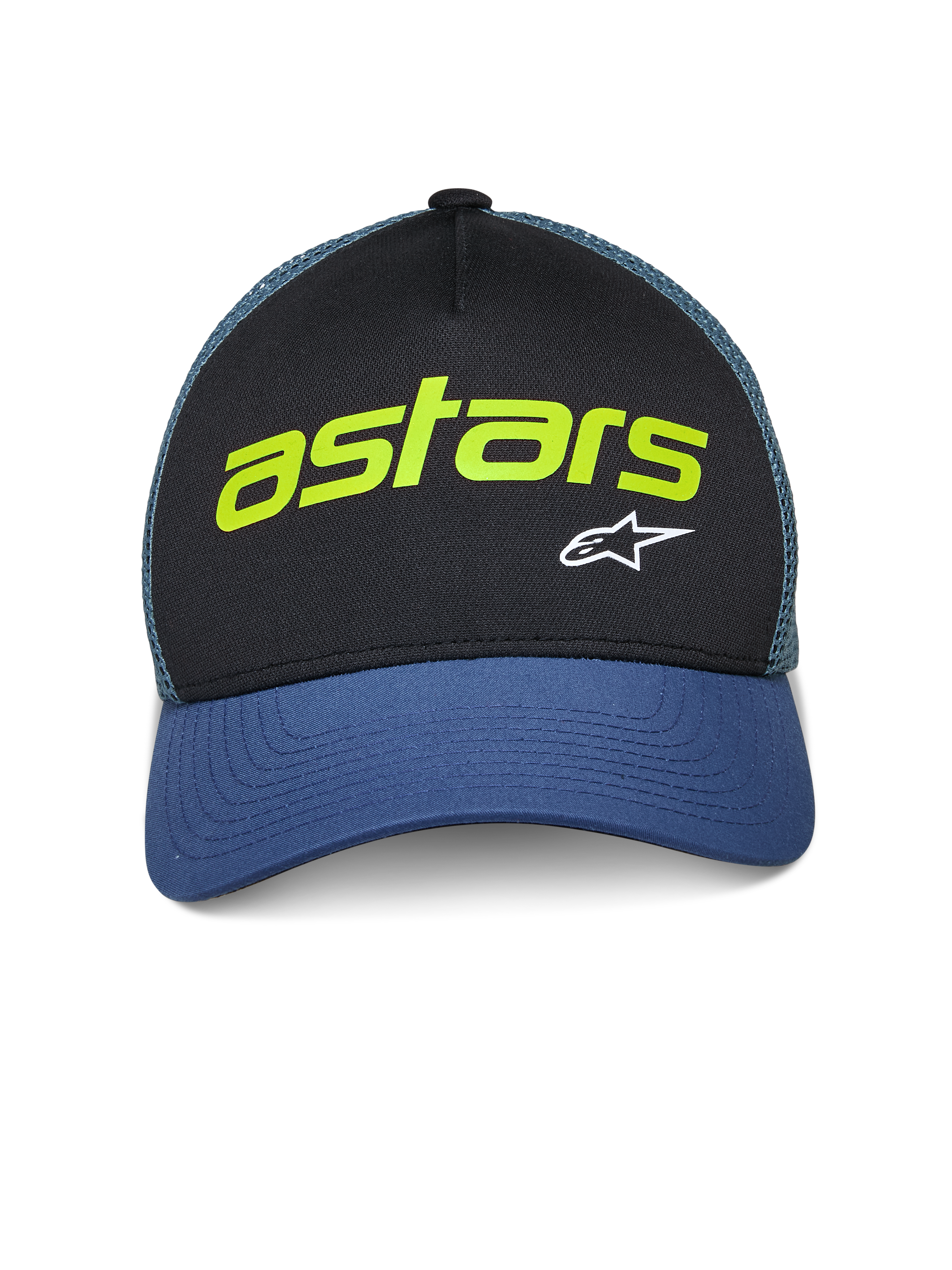 Alpinestars Vital Trucker Hat, afslappet trucker-kasket, sort og blå med grønt mesh-net bagpå, med limegrøn 'astars'-tekst og hvidt A-star-logo, buet skygge og struktureret krone