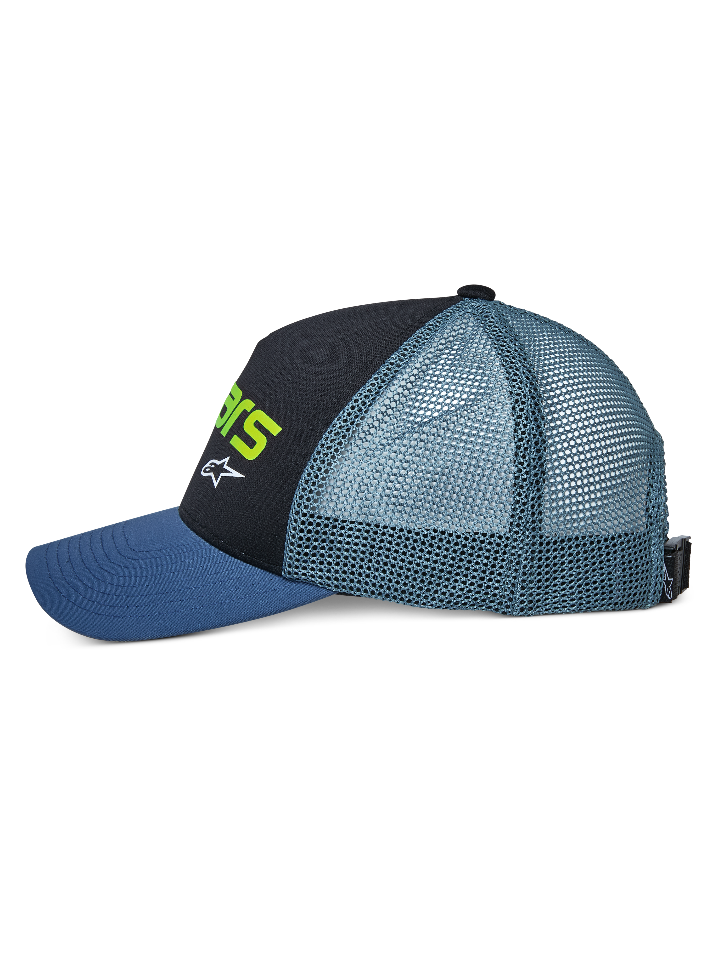 Alpinestars Vital Trucker Hat, set fra siden, med blå buet skygge, sort struktureret frontpanel med limegrøn tekst og hvidt logo, blågrønt mesh-panel bagpå og justerbar spændelukning, casual motorsport-hovedbeklædning