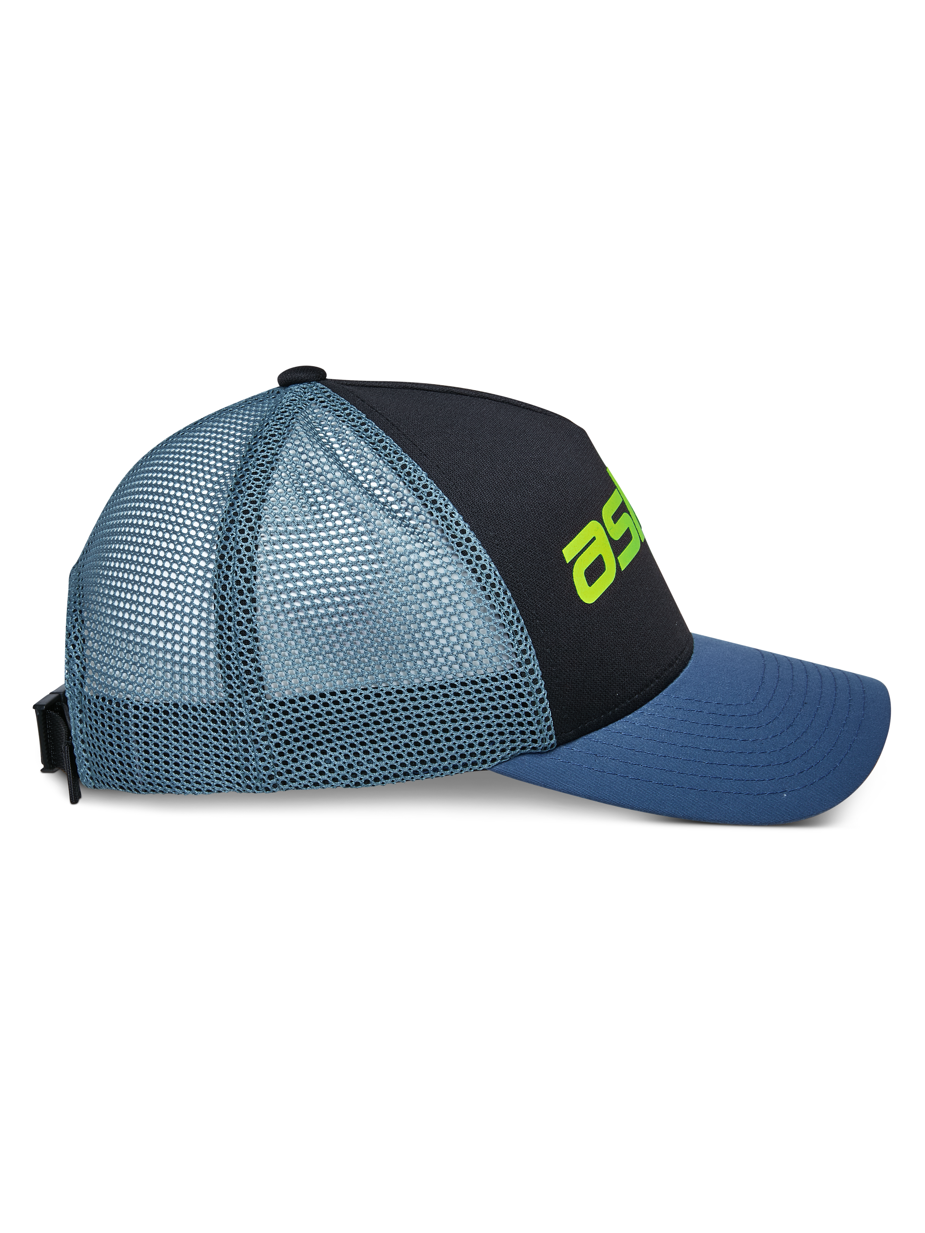 Alpinestars Vital Trucker Hat, set fra siden, sort frontpanel med blå buet skygge og lyseblåt mesh-bagstykke, limegrøn logodetalje, struktureret krone, afslappet motorsport-inspireret hovedbeklædning