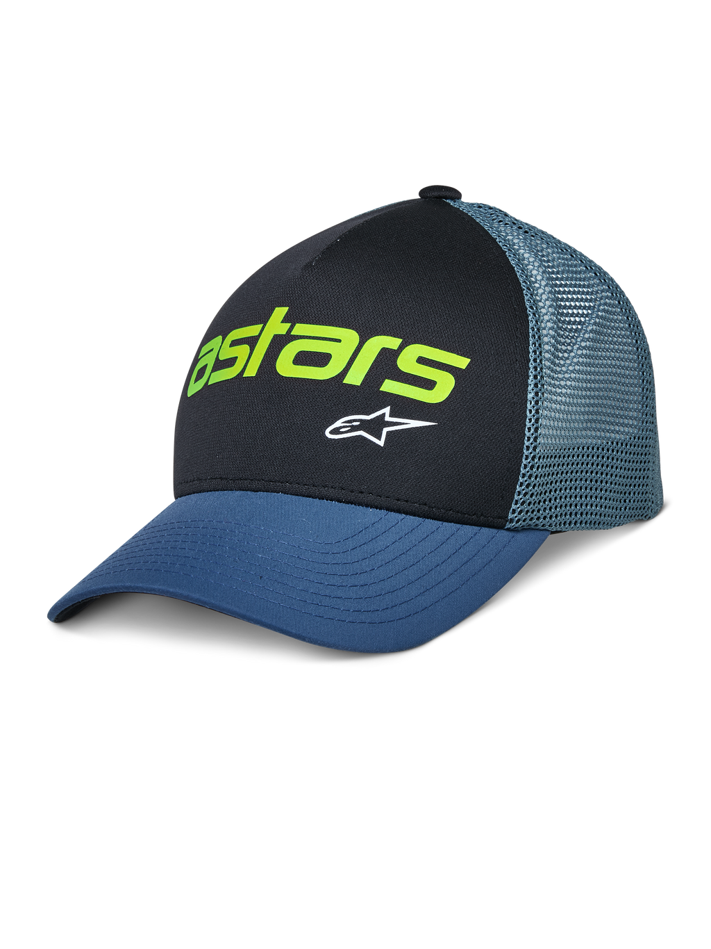 Alpinestars Vital Trucker Hat, afslappet trucker-kasket, sort og blå, limegrønt Astars-logo og hvid stjerne, struktureret krone, buet skygge, ventileret mesh-bagside