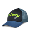 Alpinestars Vital Trucker Hat, afslappet trucker-kasket, sort og blå, limegrønt Astars-logo og hvid stjerne, struktureret krone, buet skygge, ventileret mesh-bagside