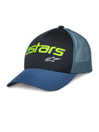 Alpinestars Vital Trucker Hat, afslappet trucker-kasket, sort og blå, limegrønt Astars-logo og hvid stjerne, struktureret krone, buet skygge, ventileret mesh-bagside