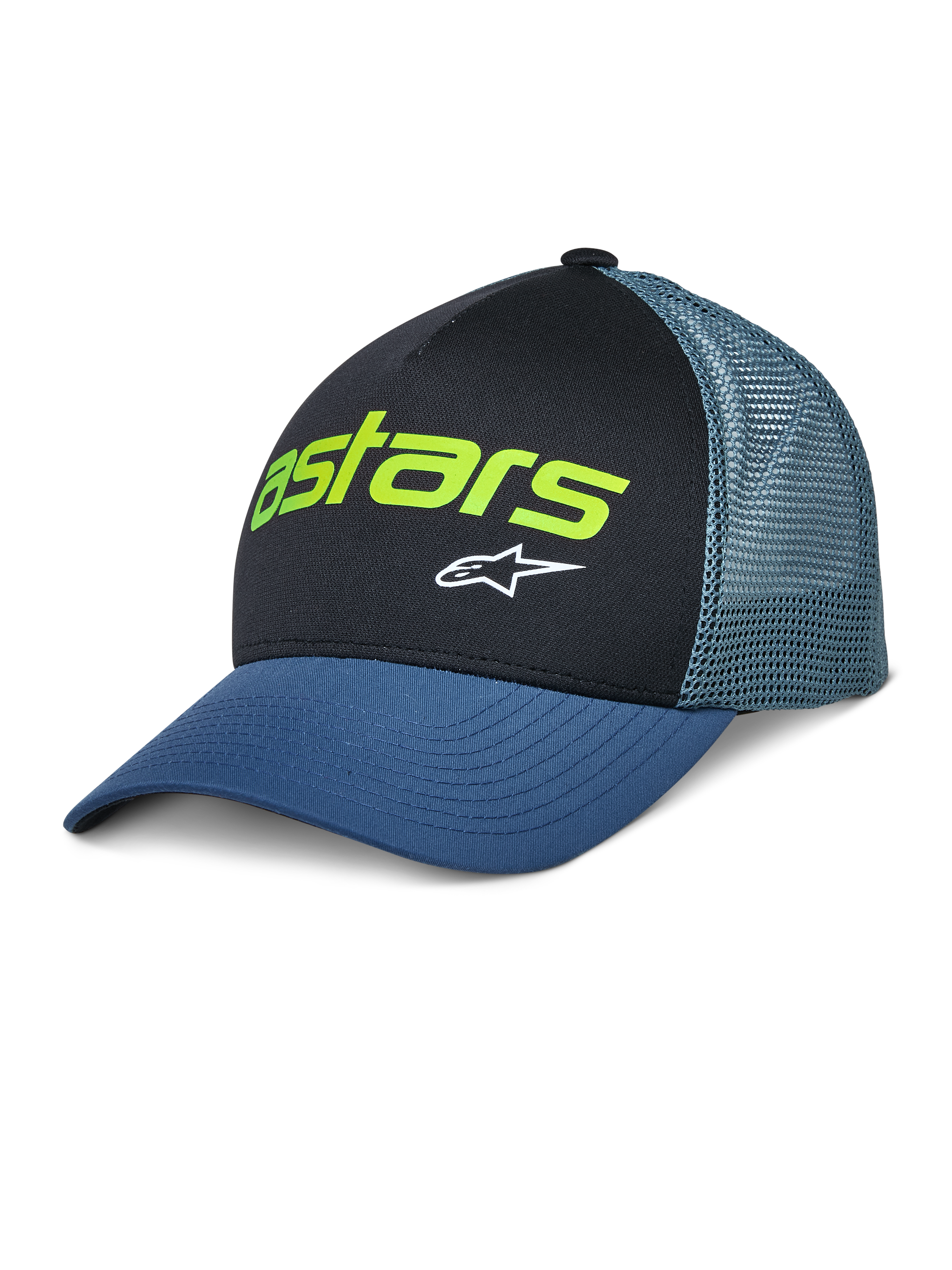 Alpinestars Vital Trucker Hat, afslappet trucker-kasket, sort og blå, limegrønt Astars-logo og hvid stjerne, struktureret krone, buet skygge, ventileret mesh-bagside