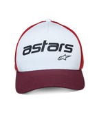 Alpinestars Vital Trucker Hat, Trucker Cap, White Maroon and Orange, featuring a white front panel with black 'astars' branding, maroon curved bill, and orange mesh, casual motorsport-inspired headwear