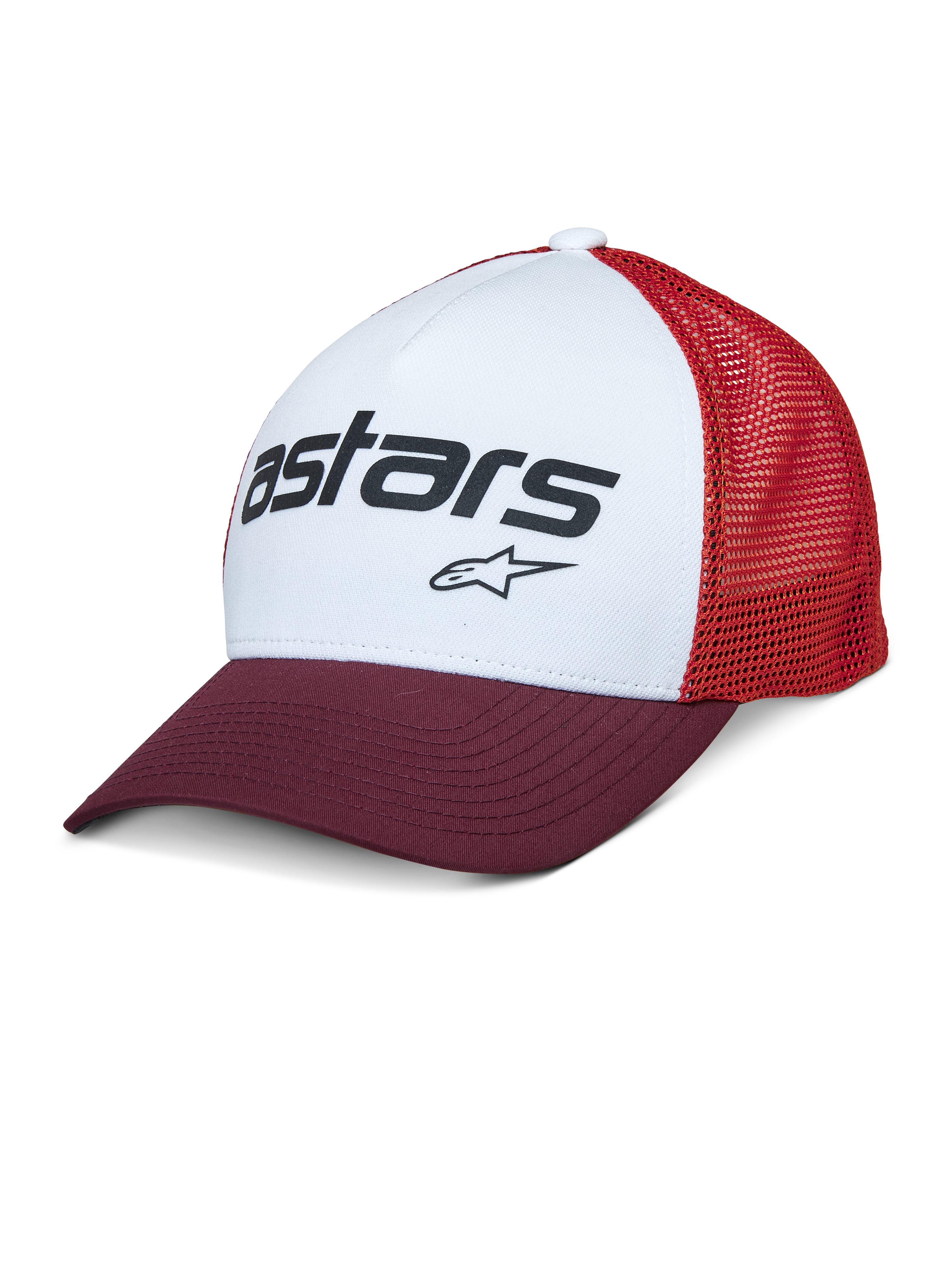 Alpinestars Vital Trucker Hat, hvidt frontpanel med bordeauxrød buet skygge og rød mesh-bagside, sort Astars tekstlogo, afslappet struktureret trucker-kasket med buet skygge