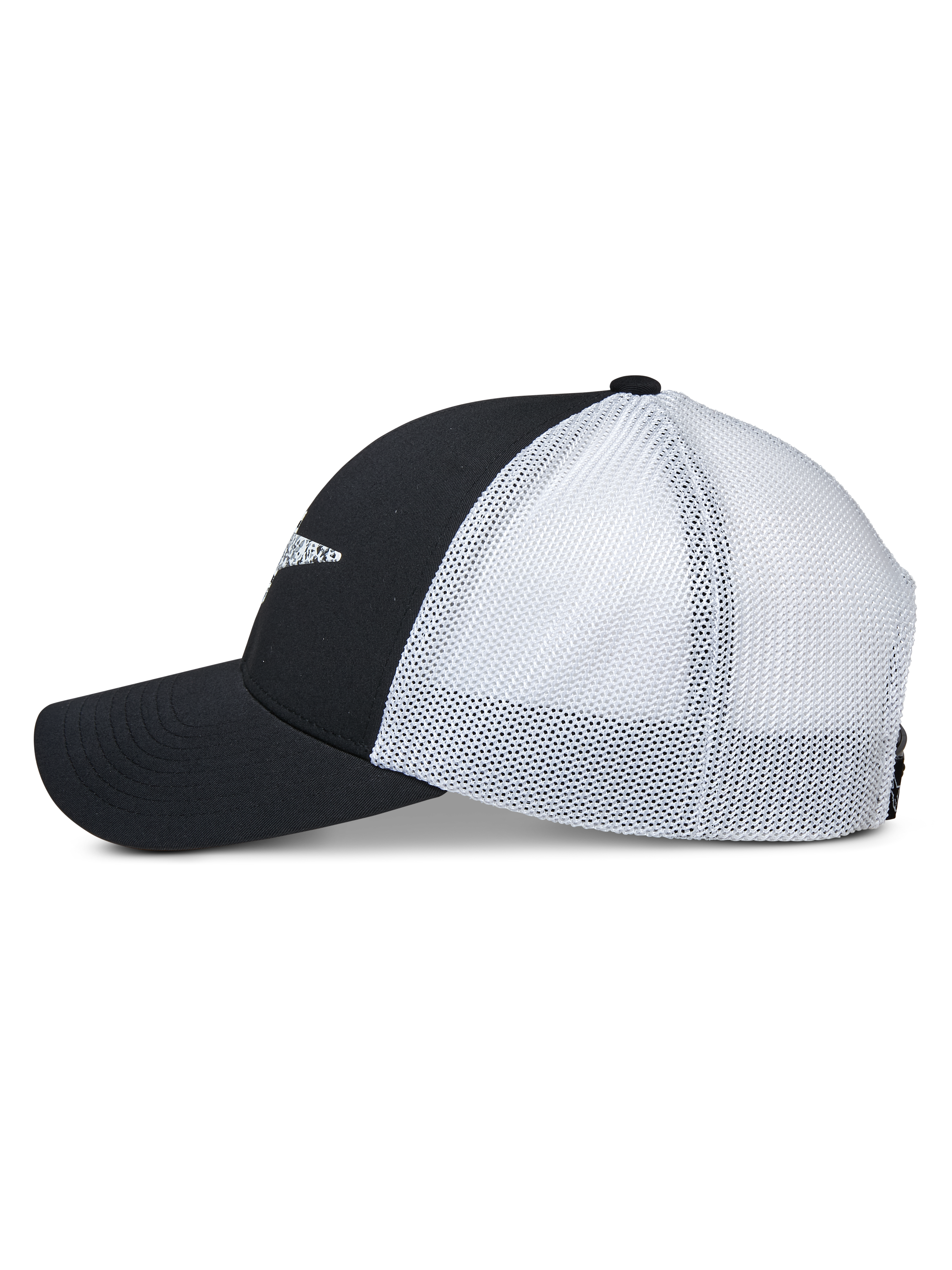 Alpinestars Terolithic Trucker Hat, side profile view, black front panels and curved bill with white mesh back panels, casual sportswear snapback cap