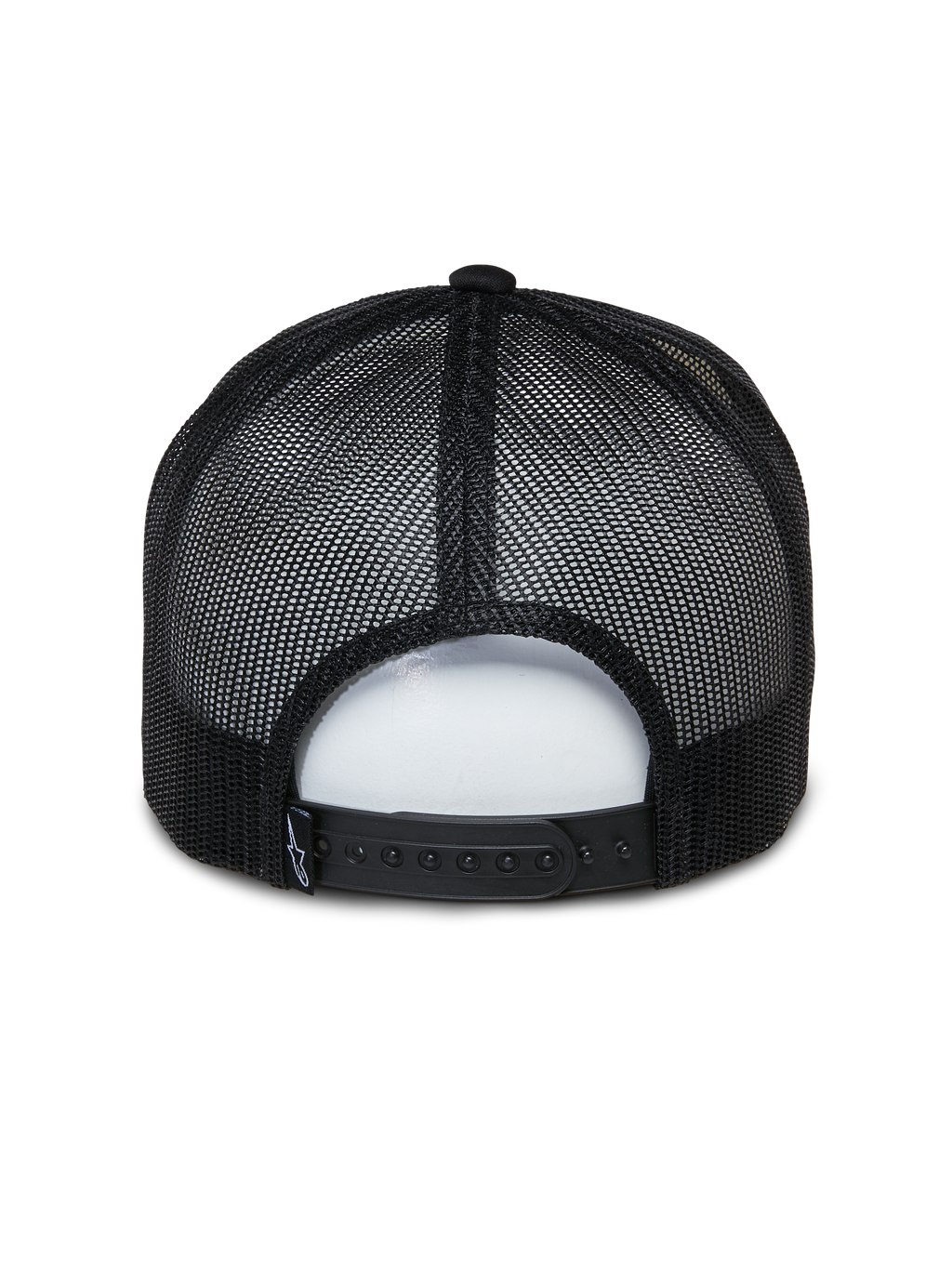 Alpinestars Ayess Trucker Hat, Casual Sportswear Hat, White and Black, back view featuring black breathable mesh panels and adjustable snapback closure, classic foam crown trucker design