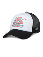 Alpinestars Ayess Trucker Hat, White and Black Mesh Cap with Red and Blue AS Racing Logo, Curved Bill, Sporty Casual Headwear
