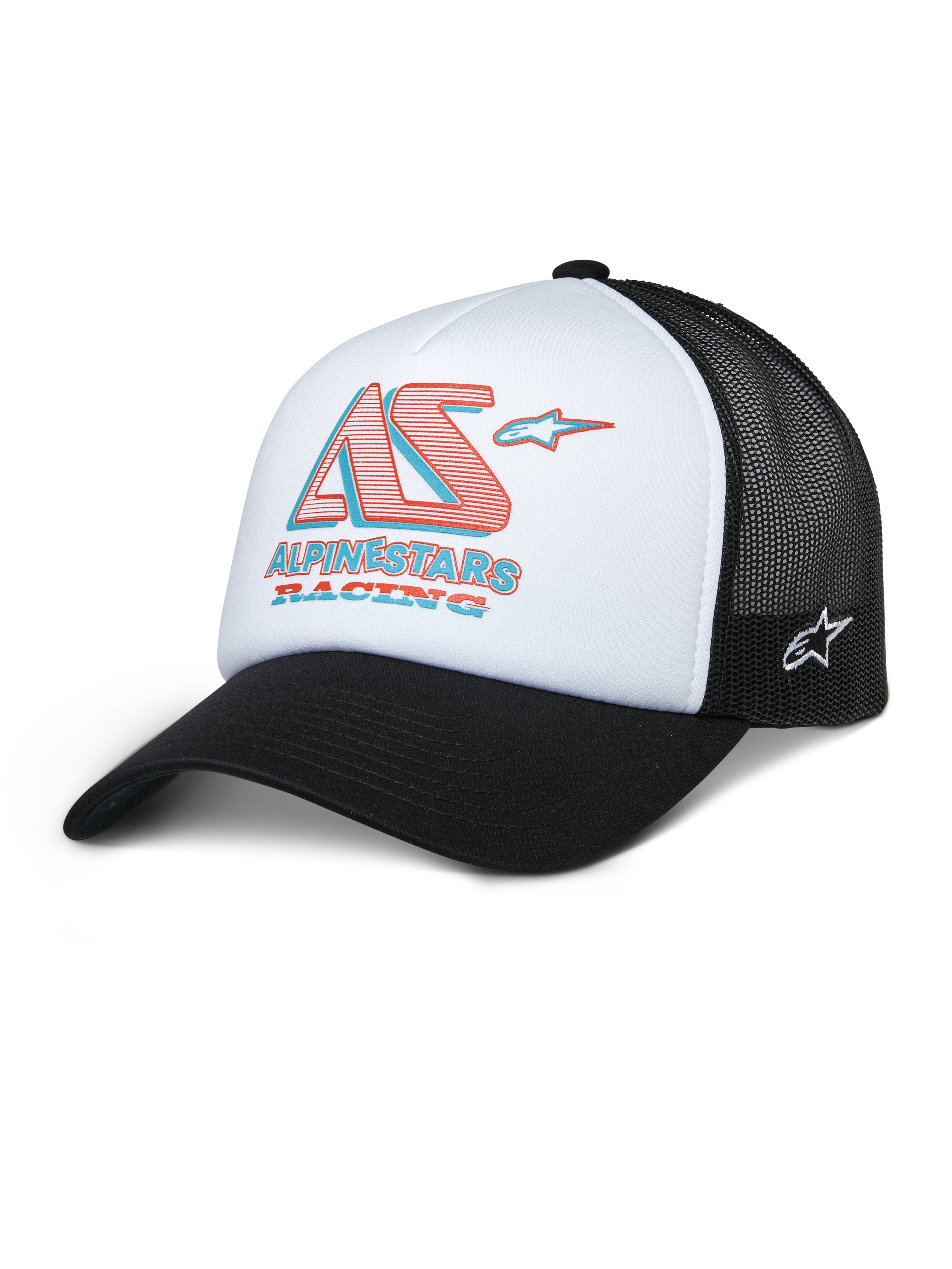 Alpinestars Ayess Trucker Hat, hvid og sort mesh-kasket med rødt og blåt AS Racing-logo, buet skygge, sporty casual hovedbeklædning