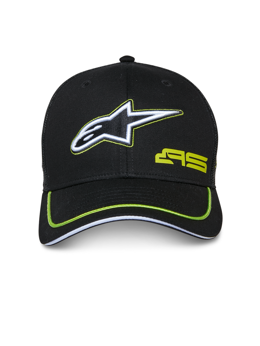 Alpinestars Exceed Trucker Hat, sort med limegrønne detaljer, broderet hvidt og sort stjernelogo, limegrønt AS-logo, buet skygge med neon-piping, afslappet motorsport-inspireret hovedbeklædning