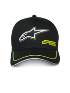 Alpinestars Exceed Trucker Hat, sort med limegrønne detaljer, broderet hvidt og sort stjernelogo, limegrønt AS-logo, buet skygge med neon-piping, afslappet motorsport-inspireret hovedbeklædning