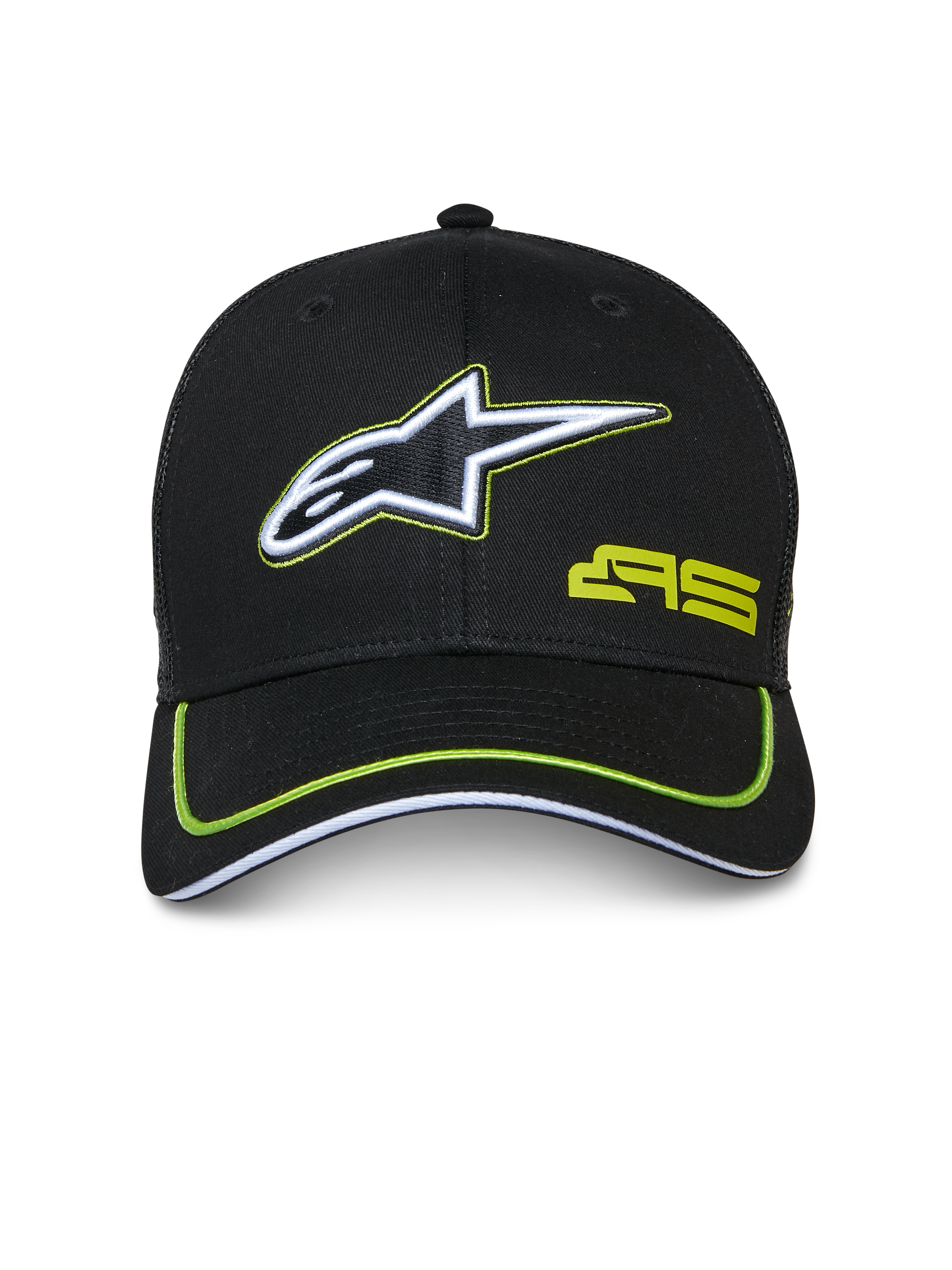 Alpinestars Exceed Trucker Hat, sort med limegrønne detaljer, broderet hvidt og sort stjernelogo, limegrønt AS-logo, buet skygge med neon-piping, afslappet motorsport-inspireret hovedbeklædning
