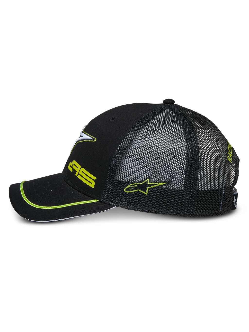 Alpinestars Exceed Trucker Hat, sideprofil af en sort snapback-kasket, med sort mesh-bagside, buet skygge med neongrøn piping, neongrønne broderede logoer, casual motorsport-hovedbeklædning