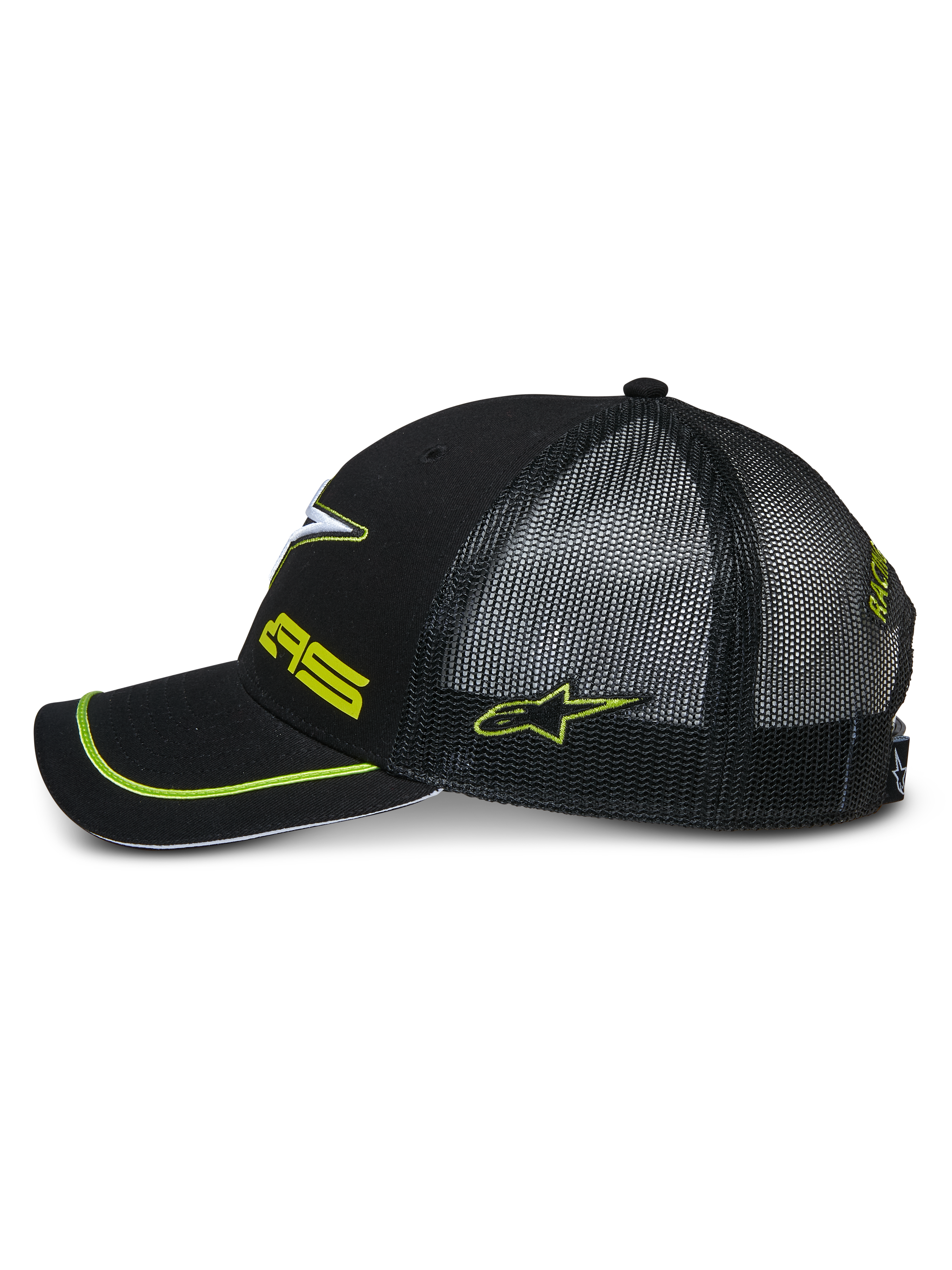 Alpinestars Exceed Trucker Hat, sideprofil af en sort snapback-kasket, med sort mesh-bagside, buet skygge med neongrøn piping, neongrønne broderede logoer, casual motorsport-hovedbeklædning