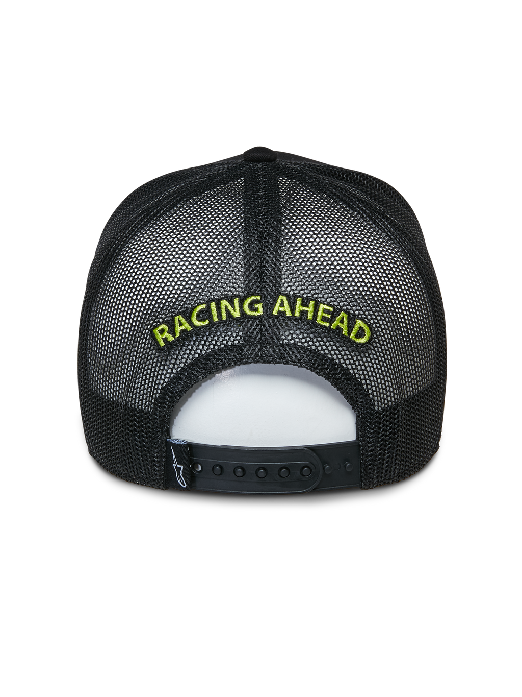Alpinestars Exceed Trucker Hat, sort trucker-kasket, set bagfra med mesh-paneler og snapback-lukning, limegrønt 'RACING AHEAD' broderi, afslappet motorsport-inspireret hovedbeklædning