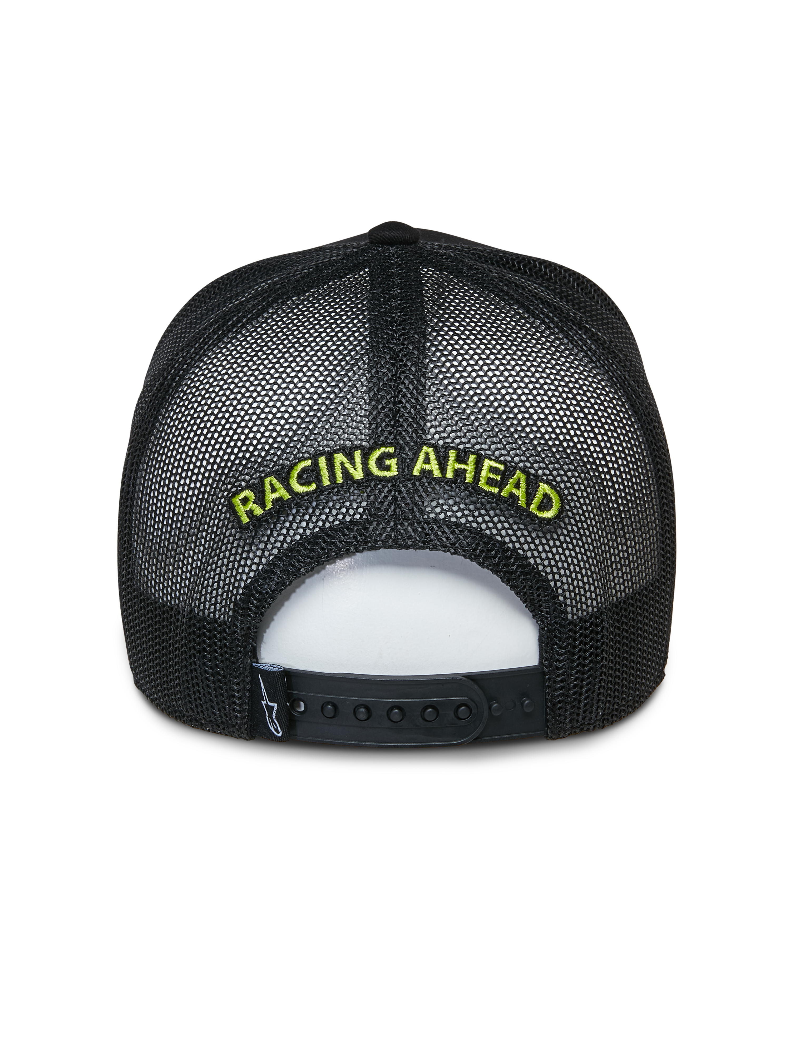Alpinestars Exceed Trucker Hat, sort trucker-kasket, set bagfra med mesh-paneler og snapback-lukning, limegrønt 'RACING AHEAD' broderi, afslappet motorsport-inspireret hovedbeklædning