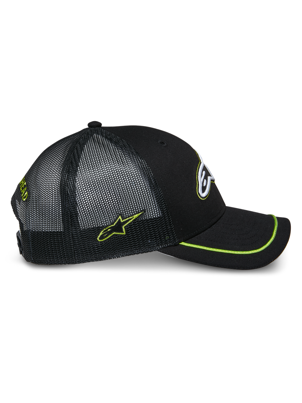Alpinestars Exceed Trucker Hat, set fra siden, sort med limegrønne detaljer, mesh-paneler bagpå, buet skygge med limegrøn sutache-kant, broderet sidelogo, casual motorsport-hovedbeklædning