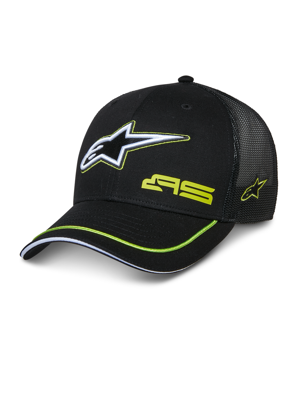 Alpinestars Exceed Trucker Hat, sort trucker-kasket med struktureret front og mesh-bagside, stort hvidt og limegrønt broderet Astars-logo, AS-branding på kronen, buet skygge med limegrøn kant, afslappet motorsport-hovedbeklædning