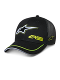 Alpinestars Exceed Trucker Hat, sort trucker-kasket med struktureret front og mesh-bagside, stort hvidt og limegrønt broderet Astars-logo, AS-branding på kronen, buet skygge med limegrøn kant, afslappet motorsport-hovedbeklædning