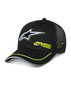 Alpinestars Exceed Trucker Hat, sort trucker-kasket med struktureret front og mesh-bagside, stort hvidt og limegrønt broderet Astars-logo, AS-branding på kronen, buet skygge med limegrøn kant, afslappet motorsport-hovedbeklædning