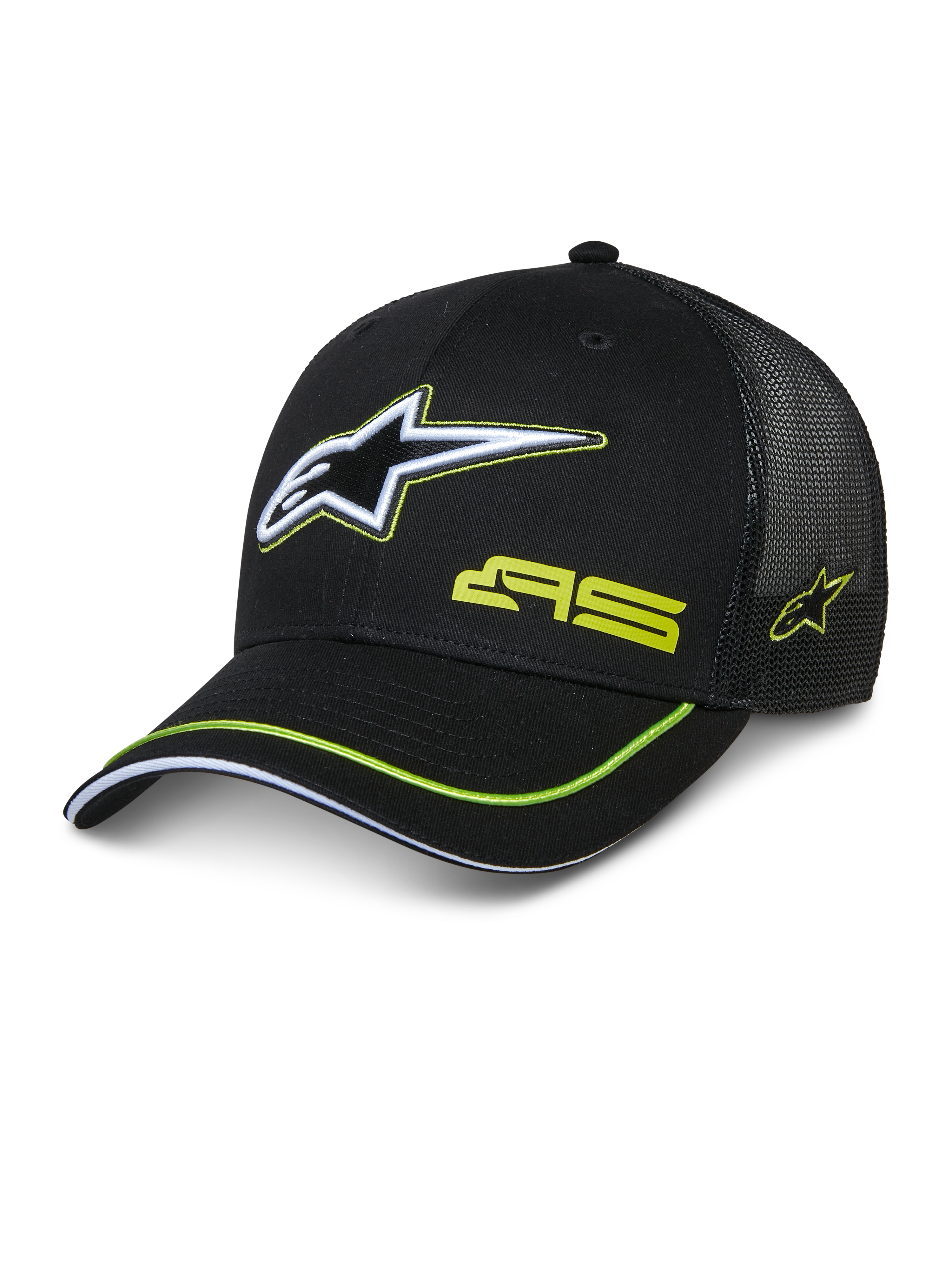 Alpinestars Exceed Trucker Hat, sort trucker-kasket med struktureret front og mesh-bagside, stort hvidt og limegrønt broderet Astars-logo, AS-branding på kronen, buet skygge med limegrøn kant, afslappet motorsport-hovedbeklædning