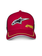 Alpinestars Exceed Trucker Hat, Red and Black, Curved Bill with Lime Green piping, 3D embroidered Alpinestars logo, black mesh back, structured crown, casual motorsport headwear