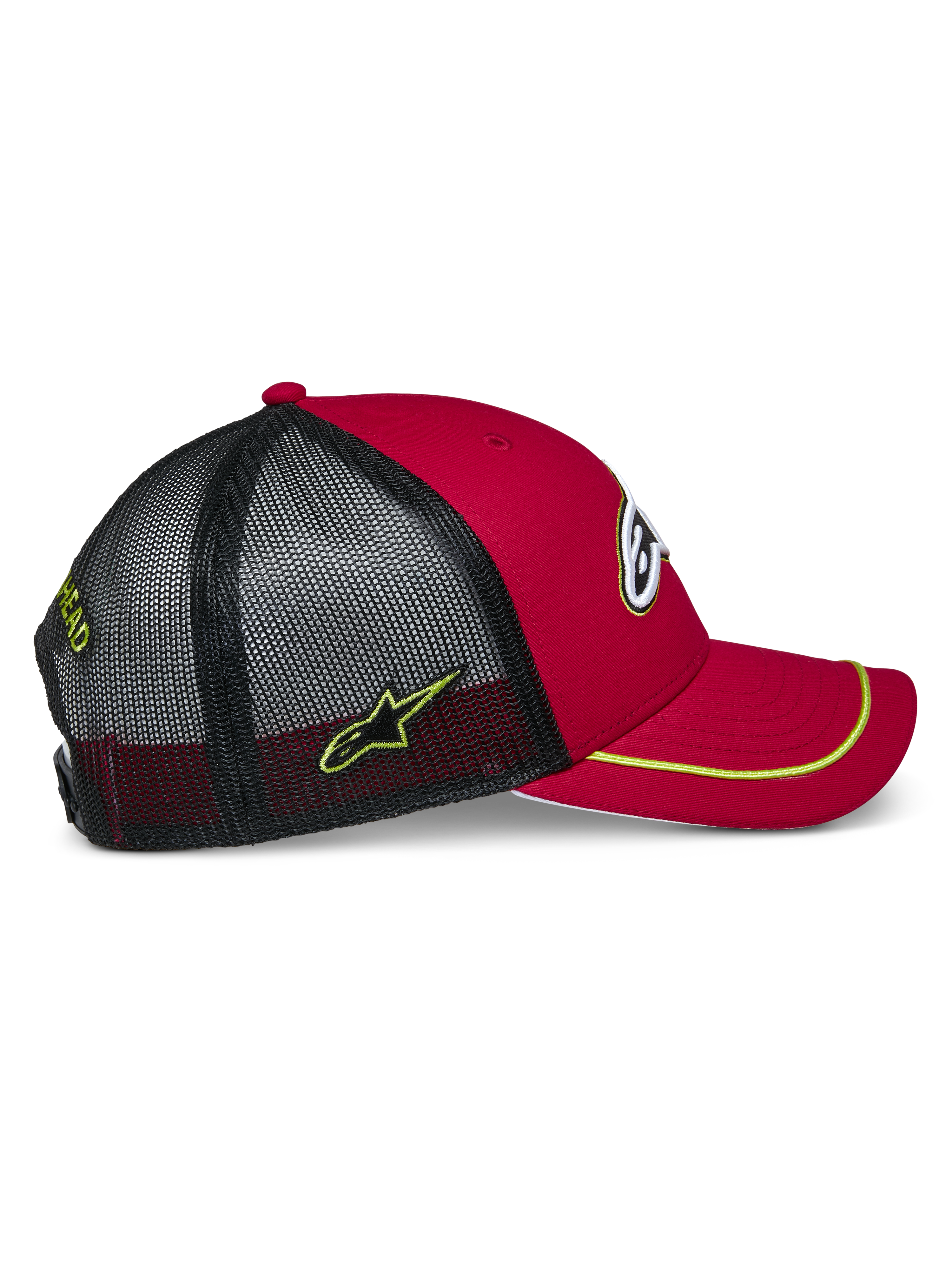 Alpinestars Exceed Trucker Hat, Red and Black with Neon Yellow accents, featuring a curved bill with neon yellow sutache trim, red structured crown, and black mesh back with embroidered side logo, casual motorsport style