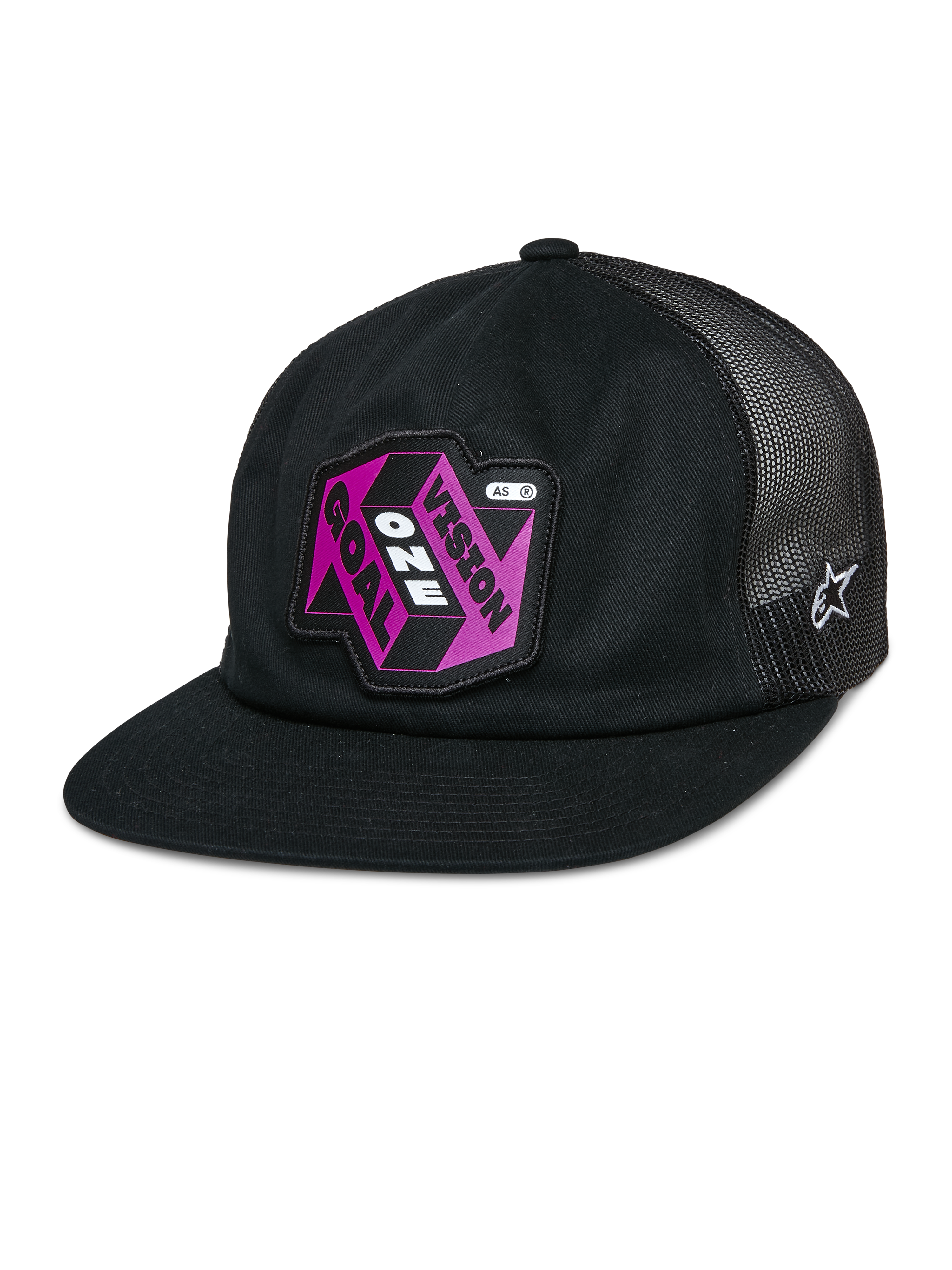 Alpinestars That Way Trucker Hat, sort truckerkasket med mesh-bagside, flad skygge, pink og lilla "Vision One Goal" patch, hvidt Alpinestars stjerne-logo, afslappet sportstøj