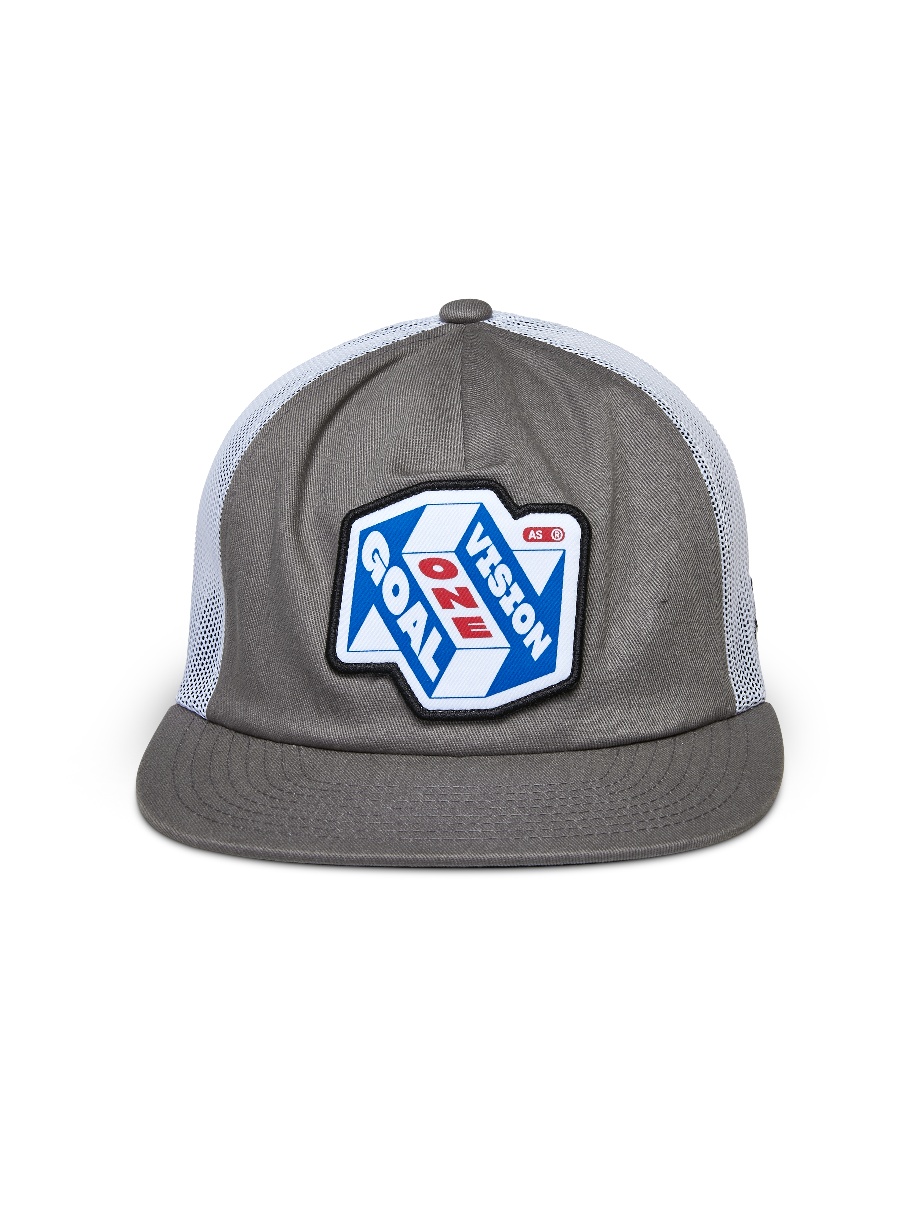 Alpinestars That Way Trucker Hat, Grey and White, structured crown with flat bill and white mesh back, featuring a large front patch with 'One Goal One Vision' graphic, casual motorsport streetwear