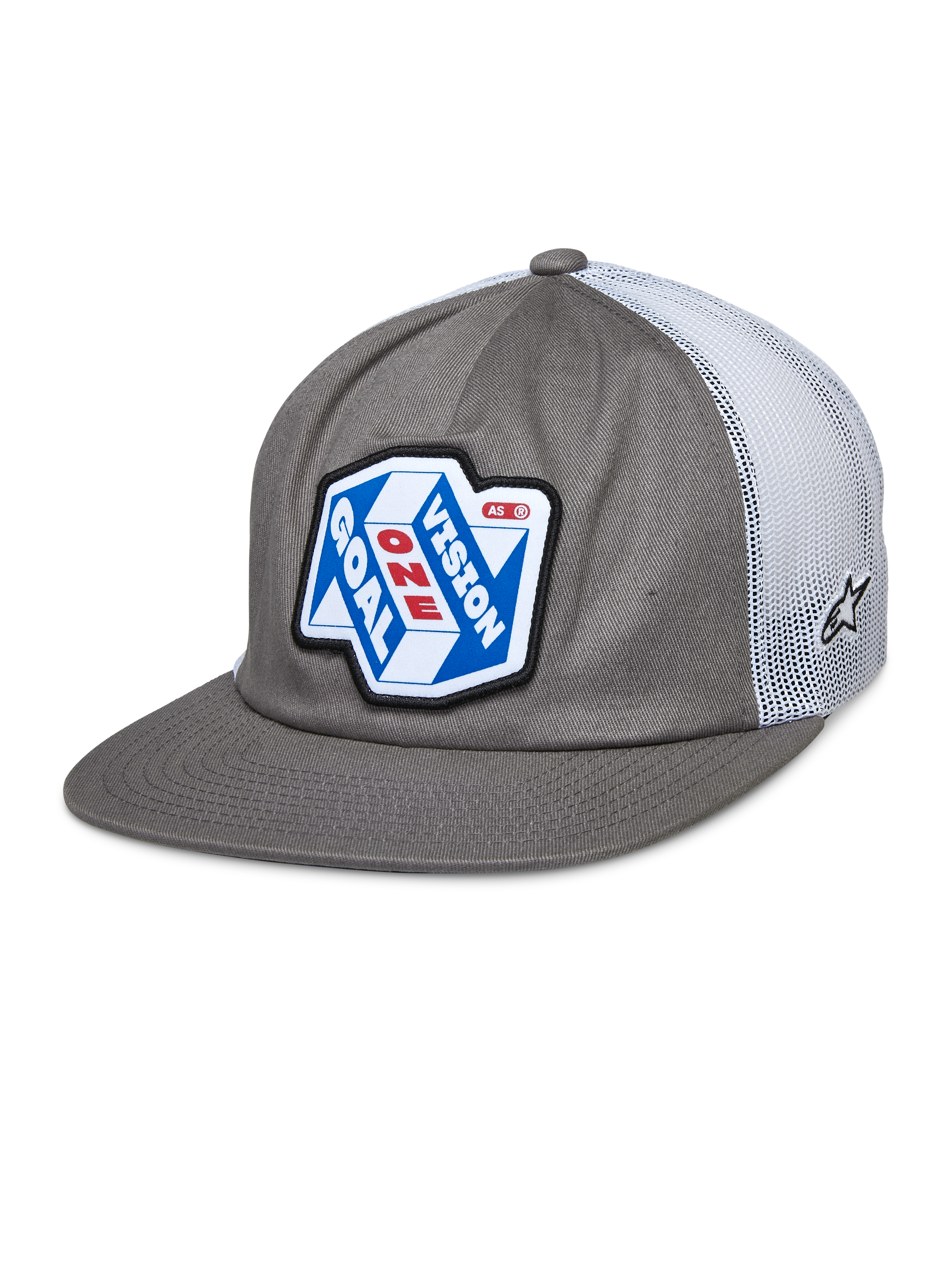 Alpinestars That Way Trucker Hat, grå og hvid snapback-kasket med mesh-bagside, blå og hvid grafik-patch med 'ONE GOAL VISION' i rød og hvid, flad skygge, lille stjerne-logo på mesh, afslappet motorsport-stil
