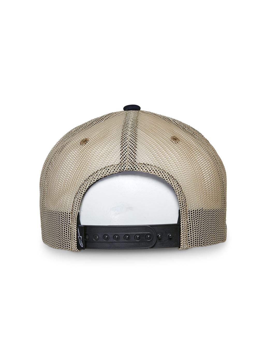 Alpinestars Mackinic Trucker Hat, trucker-kasket, marineblå og khaki, set bagfra med sandfarvede mesh-paneler og en sort justerbar snapback-lukning, afslappet lifestyle-hovedbeklædning