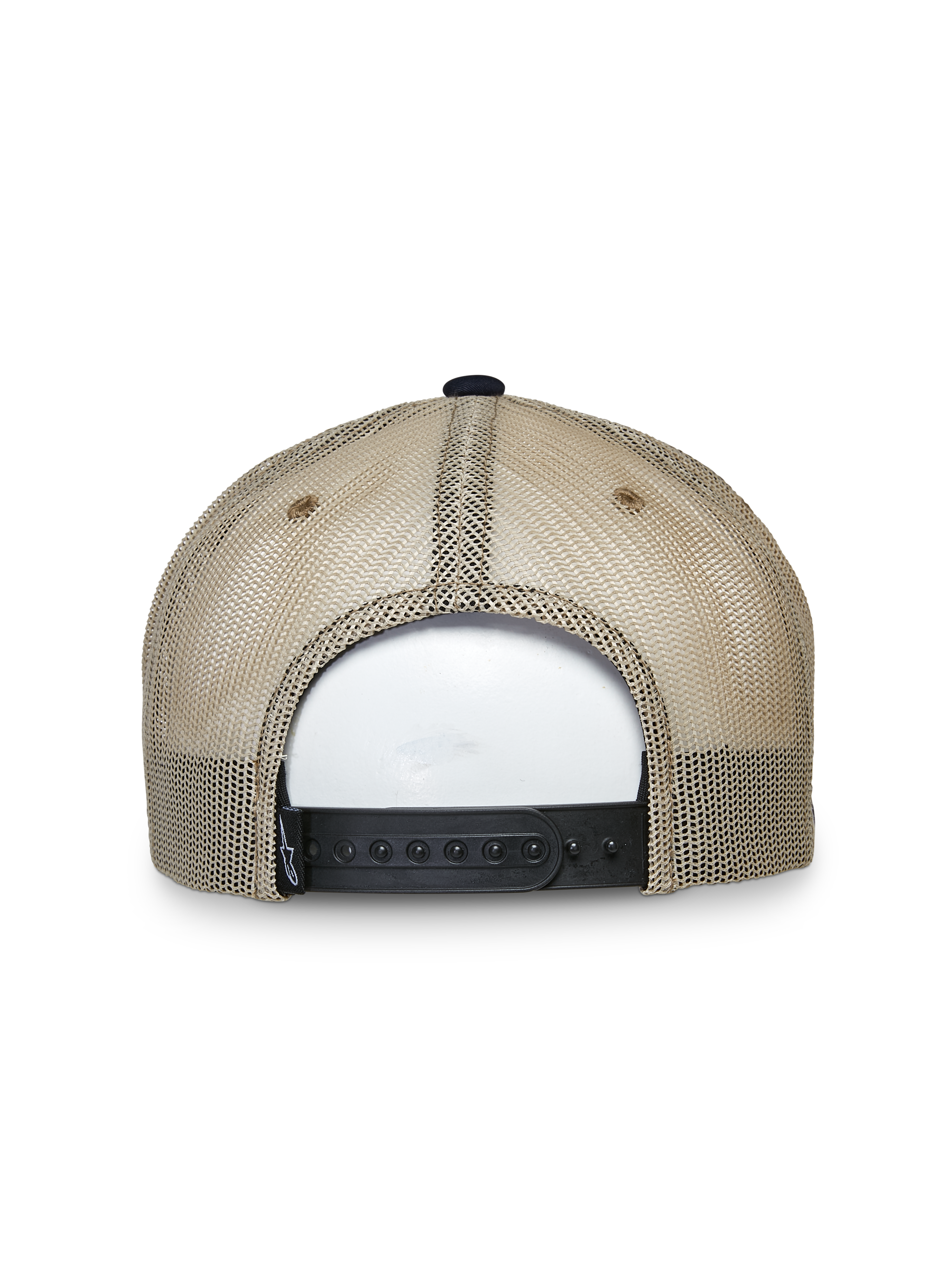 Alpinestars Mackinic Trucker Hat, trucker-kasket, marineblå og khaki, set bagfra med sandfarvede mesh-paneler og en sort justerbar snapback-lukning, afslappet lifestyle-hovedbeklædning