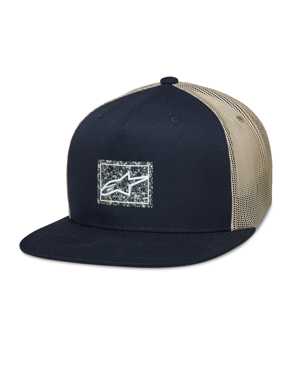 Alpinestars Mackinic Trucker Hat, snapback-kasket med flad skygge, marineblå og khaki mesh, firkantet logo-patch med spættet baggrund på fronten, afslappet lifestyle-hovedbeklædning