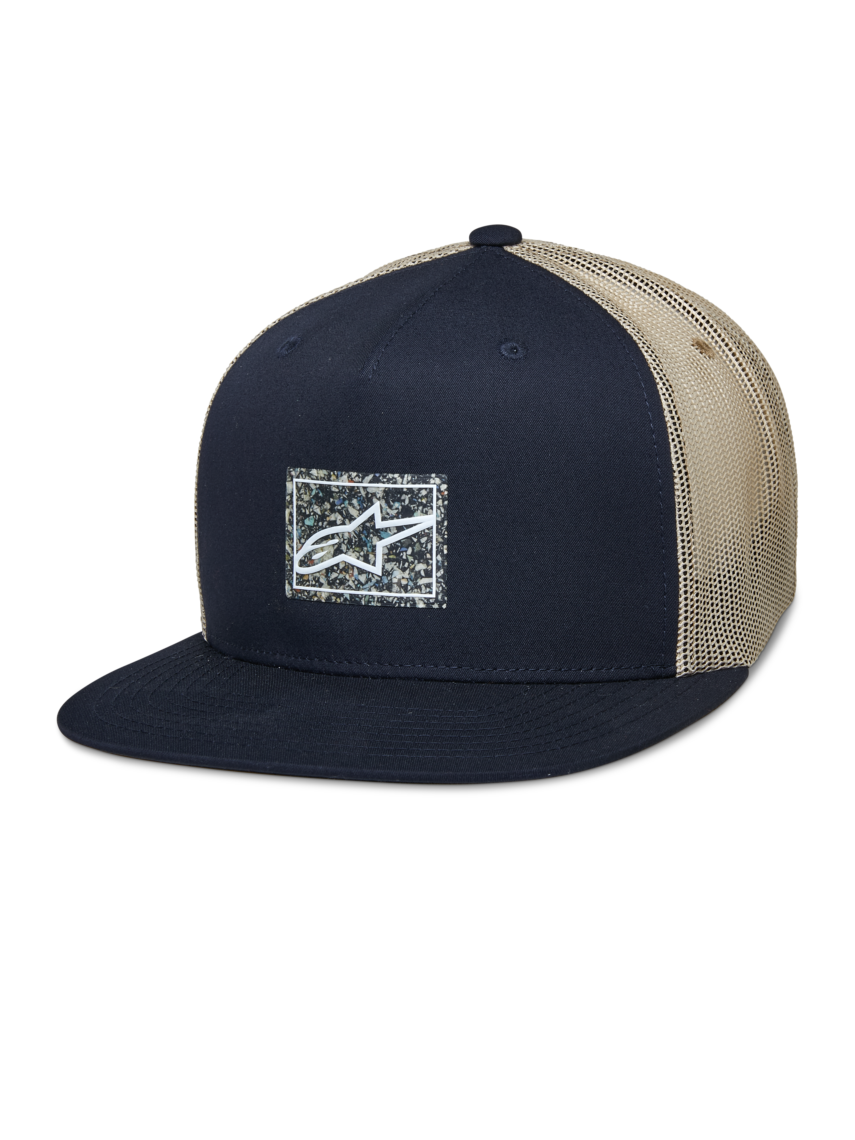 Alpinestars Mackinic Trucker Hat, snapback-kasket med flad skygge, marineblå og khaki mesh, firkantet logo-patch med spættet baggrund på fronten, afslappet lifestyle-hovedbeklædning