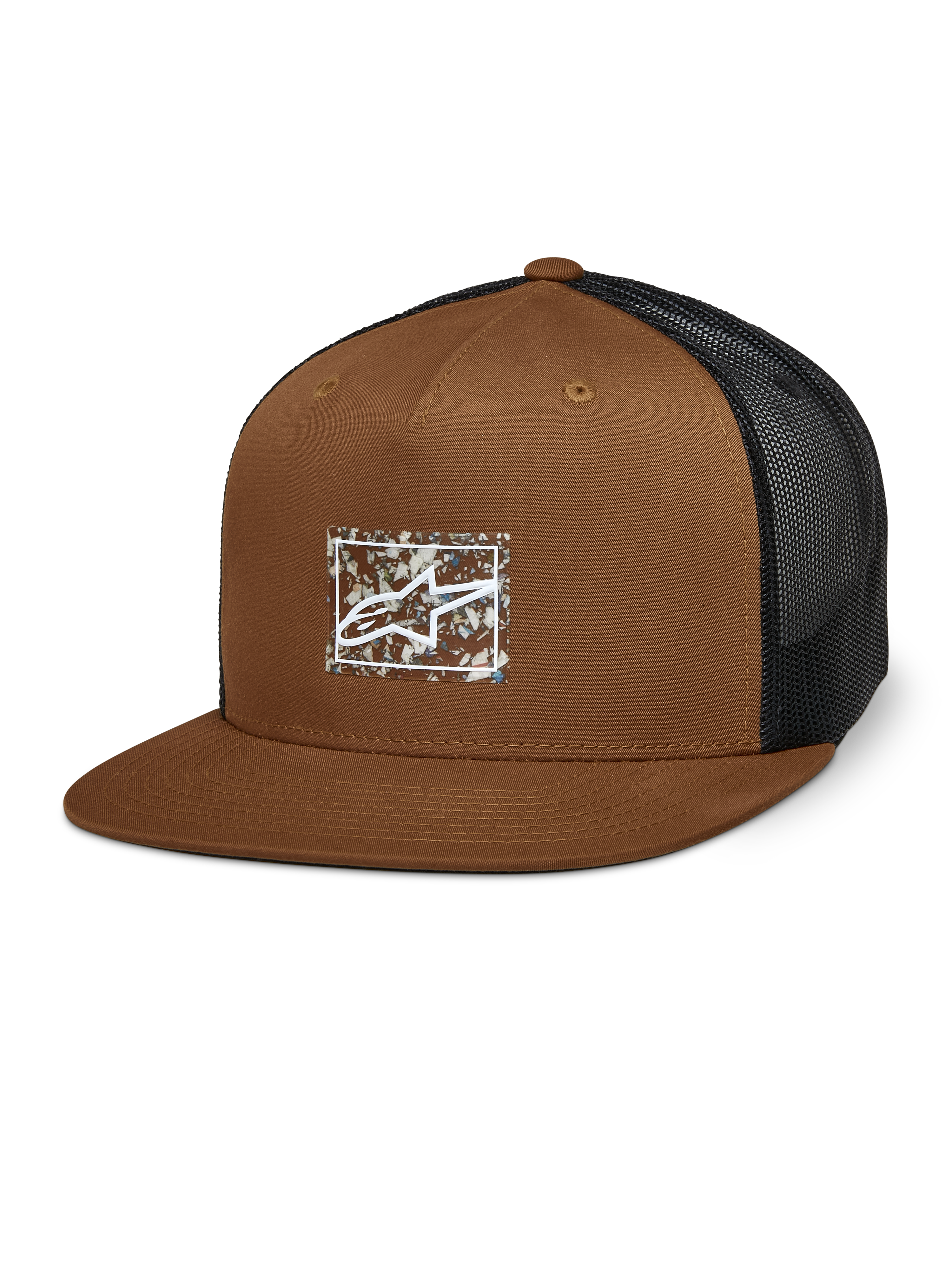 Alpinestars Mackinic Trucker Hat, Brown and Black Mesh Back, Structured Crown and Flat Bill, White A-star Logo on a Rectangular Speckled Patch, Casual Motorsport-Inspired Headwear