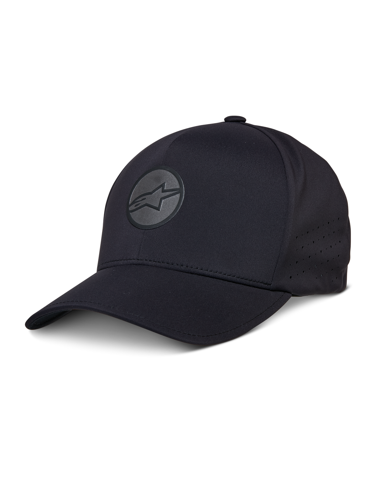 Alpinestars Apex Hat, sort baseballkasket, buet skygge, reflekterende cirkulært stjernelogo, perforerede sidepaneler til ventilation, performance sportstøj hovedbeklædning