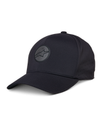 Alpinestars Apex Hat, sort baseballkasket, buet skygge, reflekterende cirkulært stjernelogo, perforerede sidepaneler til ventilation, performance sportstøj hovedbeklædning