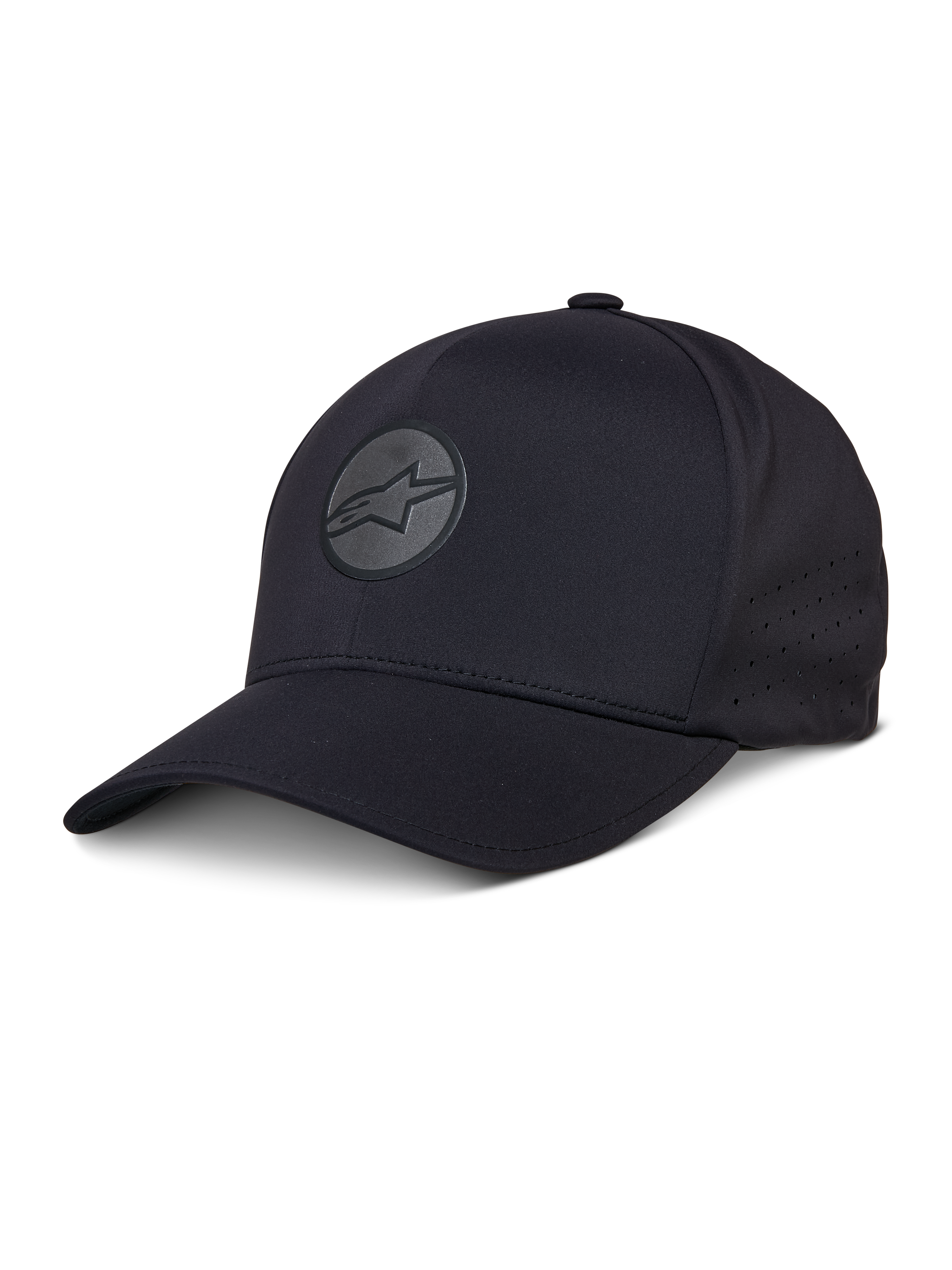 Alpinestars Apex Hat, sort baseballkasket, buet skygge, reflekterende cirkulært stjernelogo, perforerede sidepaneler til ventilation, performance sportstøj hovedbeklædning