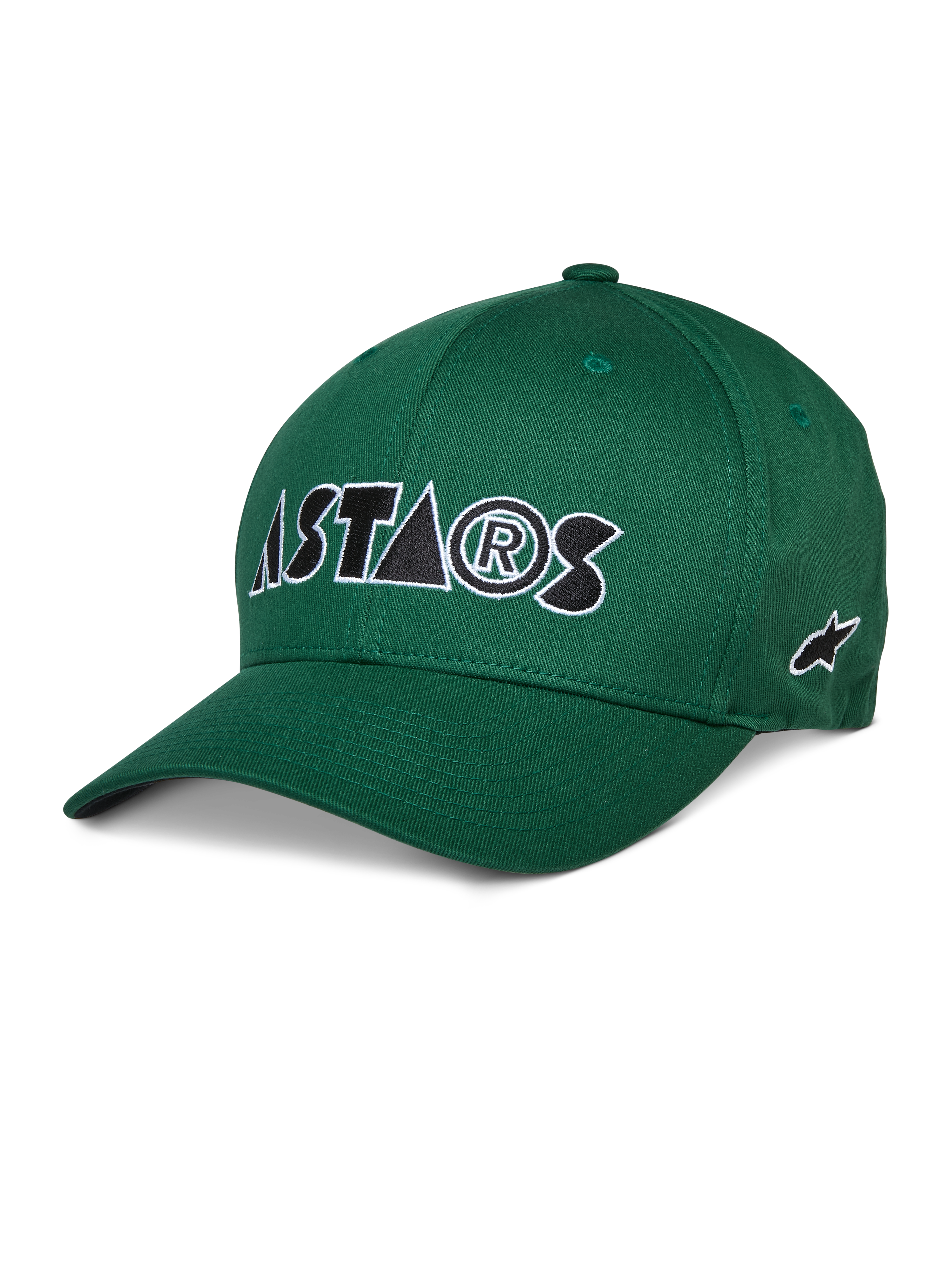 Alpinestars Cereal Hat, grøn baseballcap, hvidt og sort broderet ASTARS-logo, buet skygge, struktureret krone, afslappet sportstøj