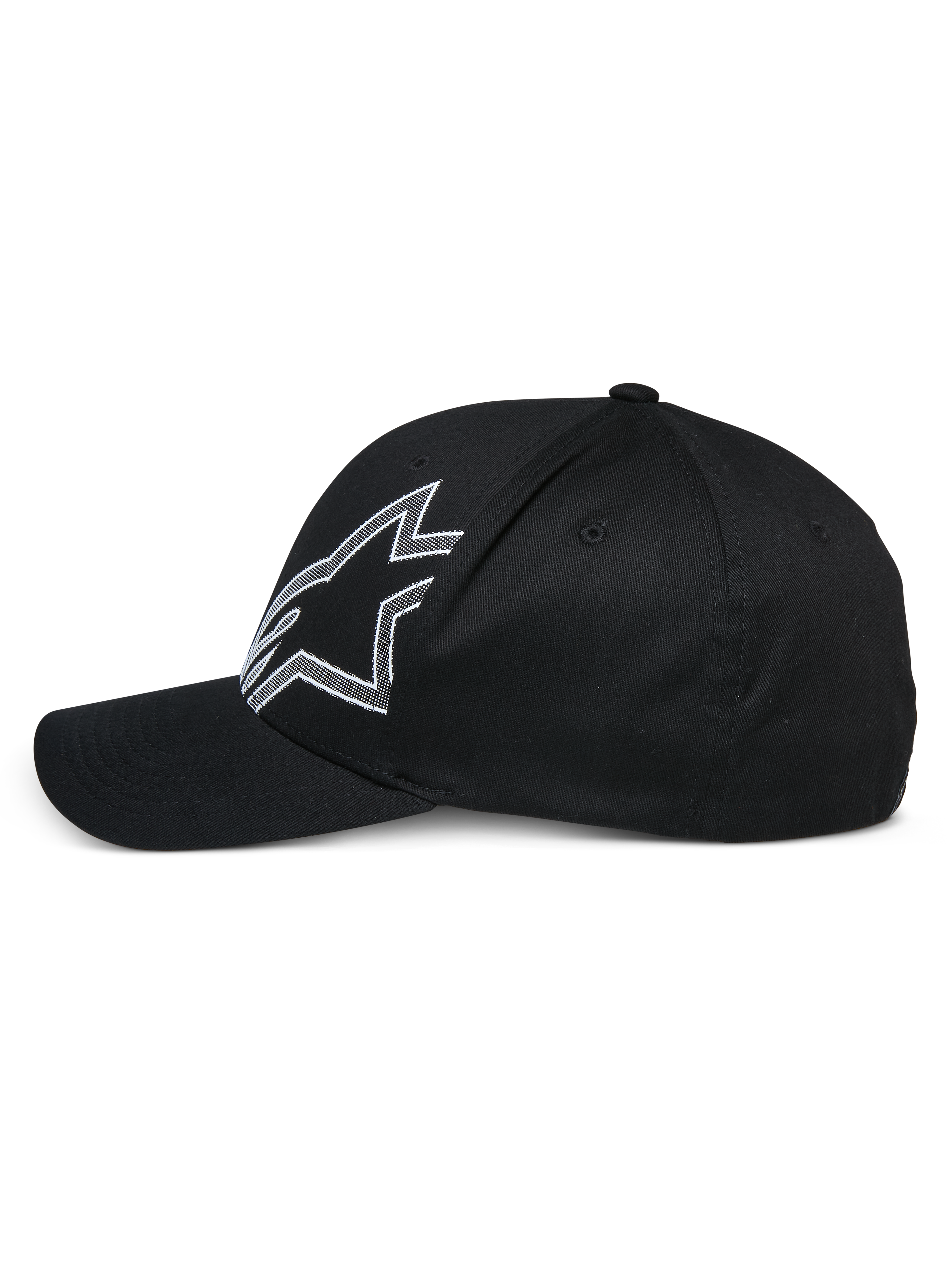 Alpinestars Share Hat, black baseball cap, side profile view, featuring a large white outlined Astars logo, curved bill, structured crown, casual motorsport-inspired headwear